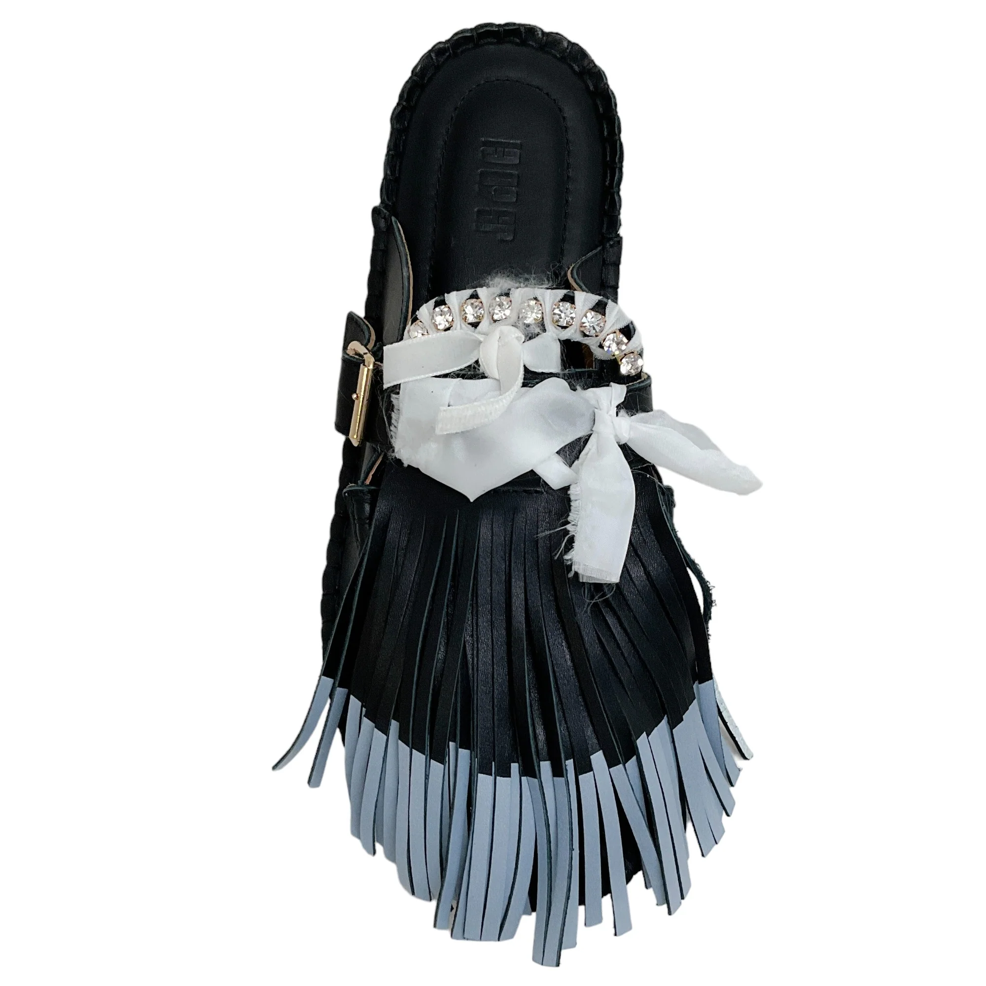 13 09 SR Black / White Leather Puli Mules - Image 4