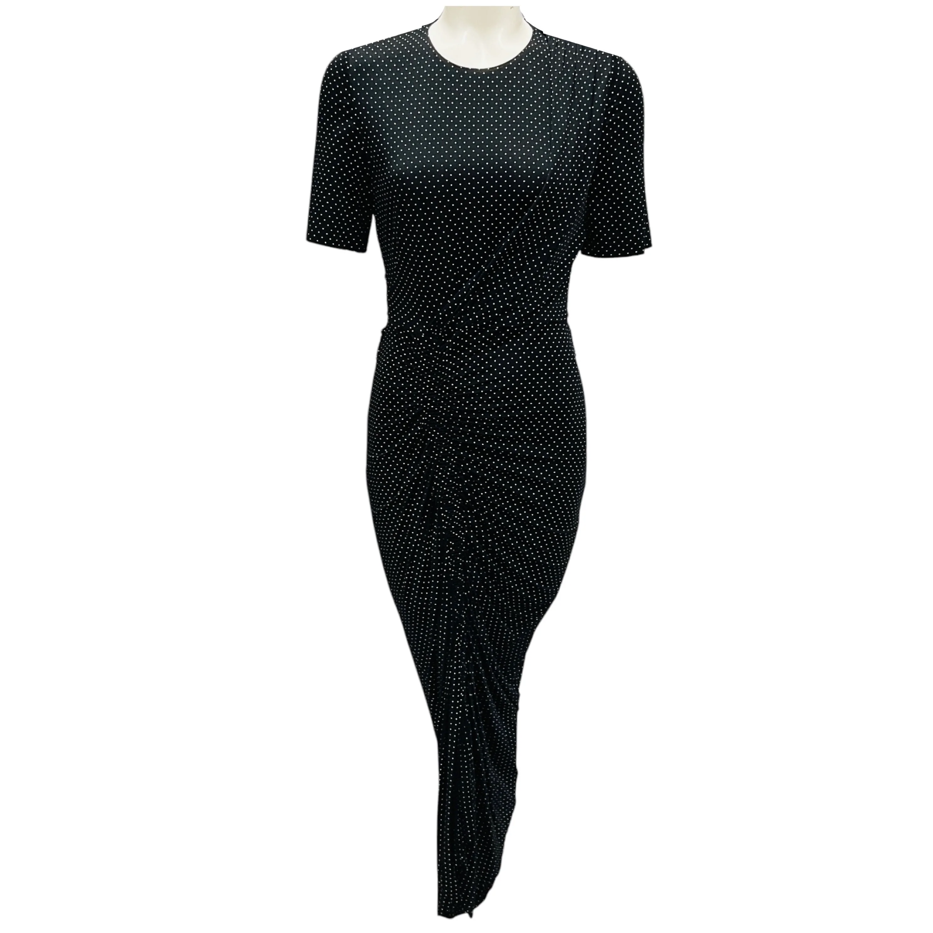 Akris Punto Black / White Polka Dot Printed Ruched Short Sleeved Jersey Stretch Midi Dress