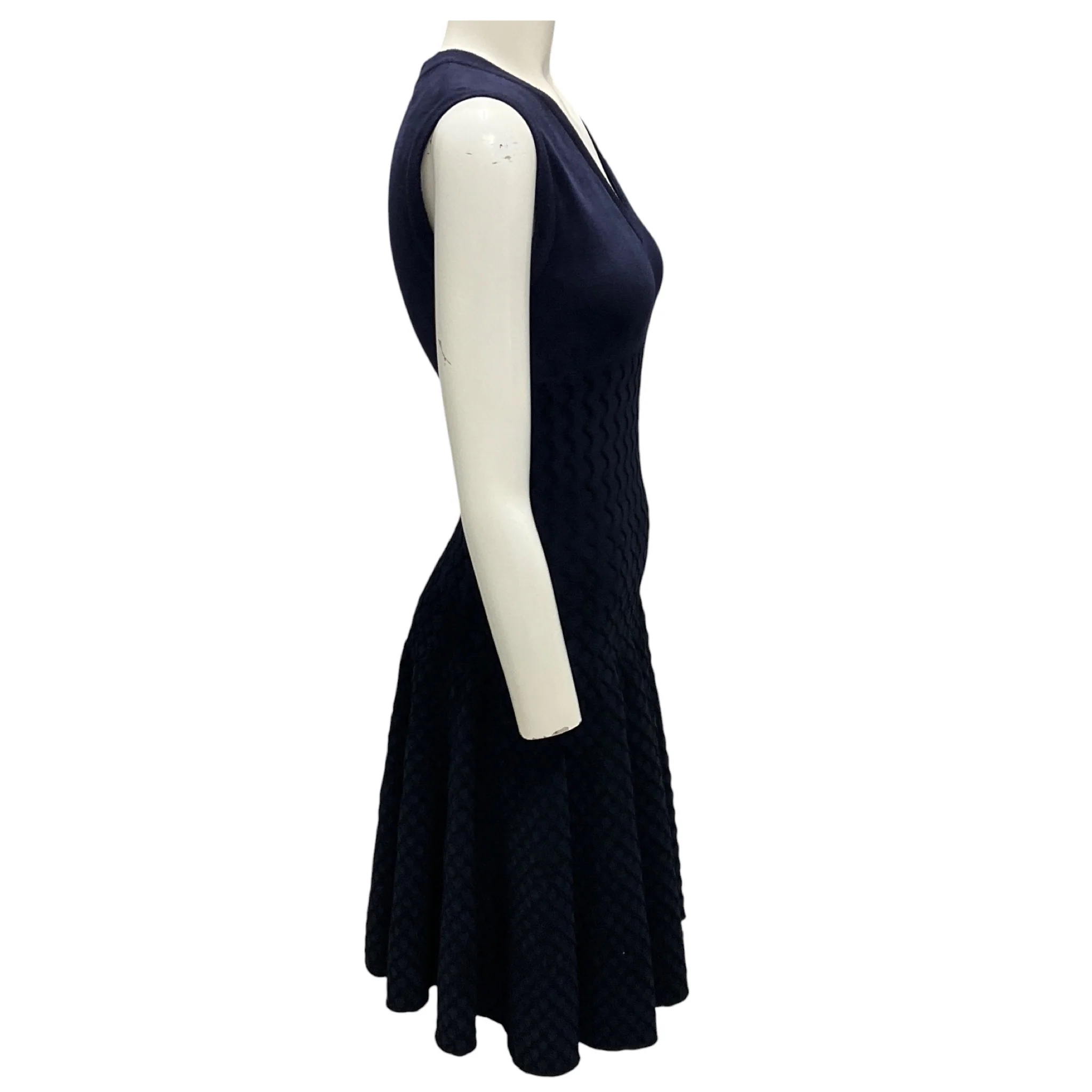 Alaia Navy / Black Lattice Detail Sleeveless V-Neck Flared Chenille Knit Dress - Image 2