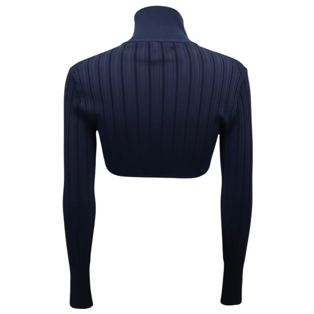 Alaia Navy Blue Cropped Shiny Crinoline Cardigan Sweater - Image 3