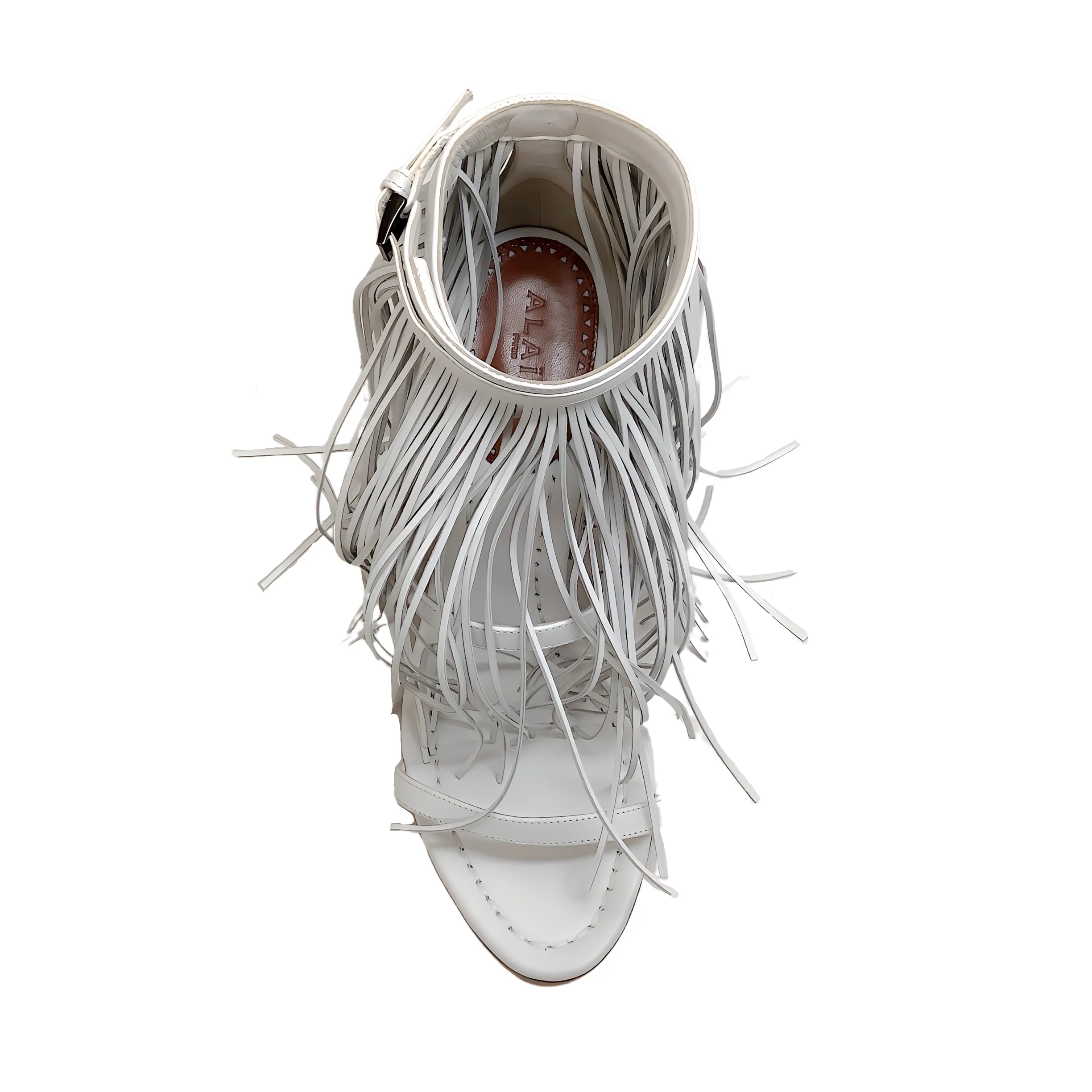 Alaia White Leather Maxi Fringe Sandals with Ankle Strap - Image 4