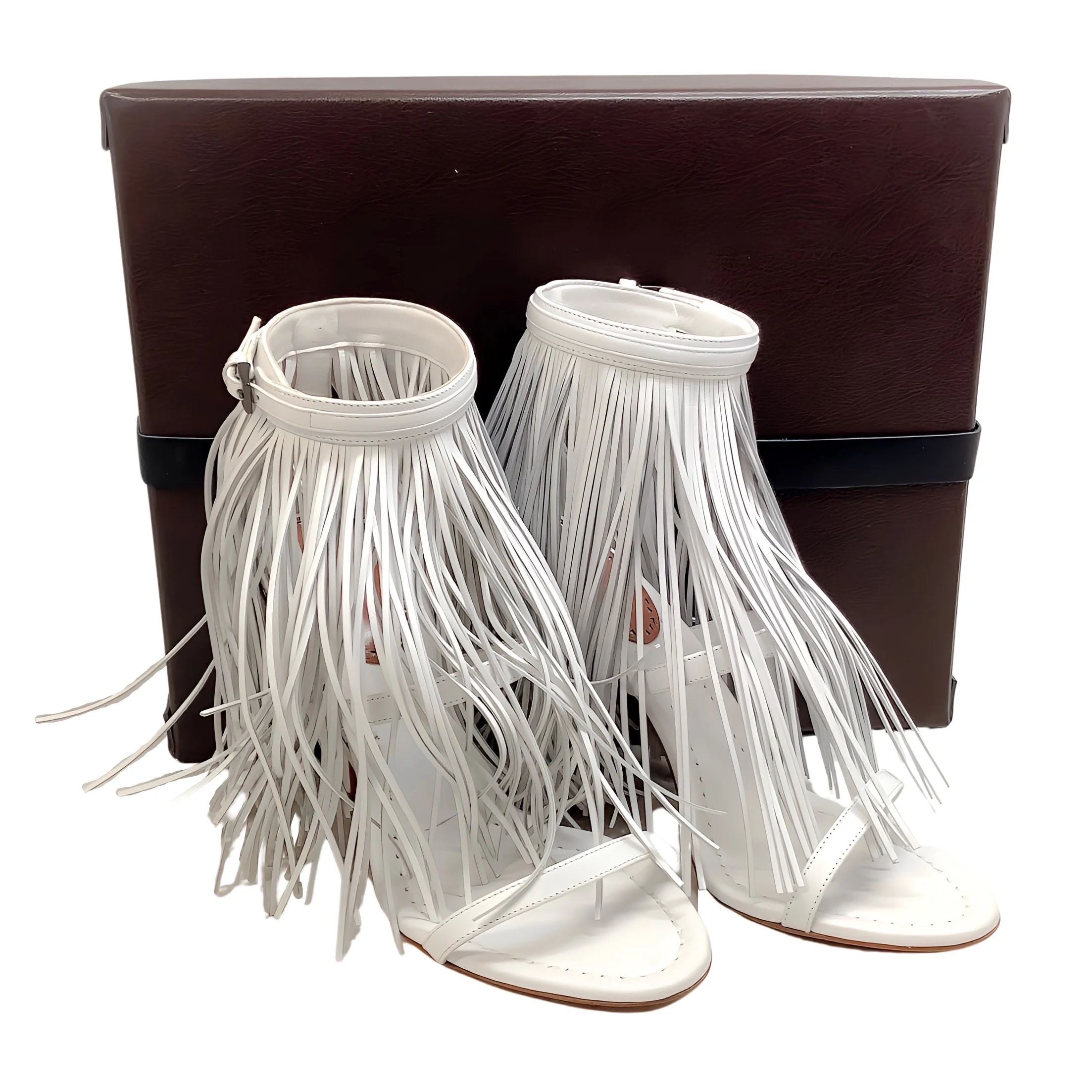 Alaia White Leather Maxi Fringe Sandals with Ankle Strap - Image 6
