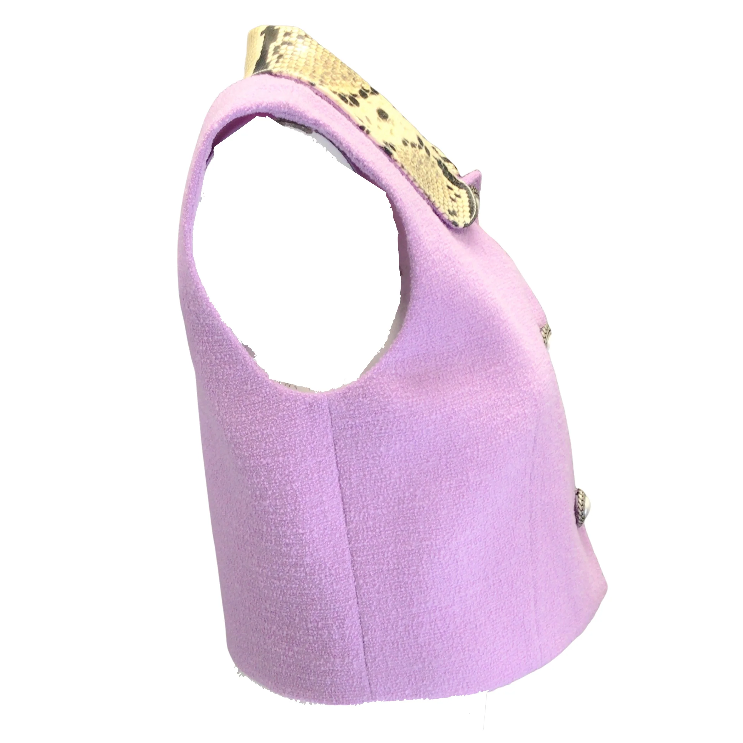 Alessandra Rich Lilac Python Print Leather Collar Tweed Boucle Knit Gilet Vest - Image 2