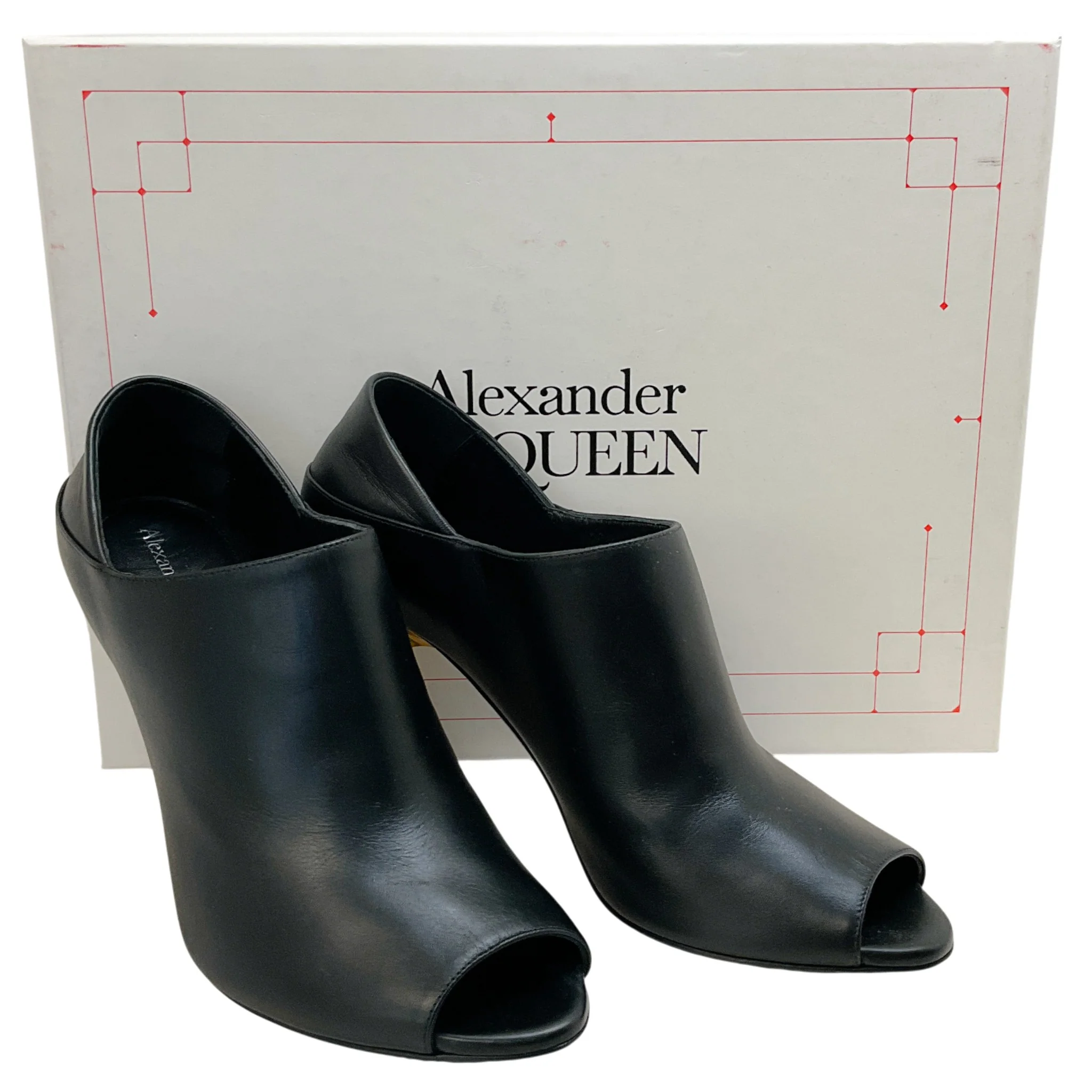Alexander McQueen Black Leather Open Toe Pumps with Silver / Gold Heel - Image 6