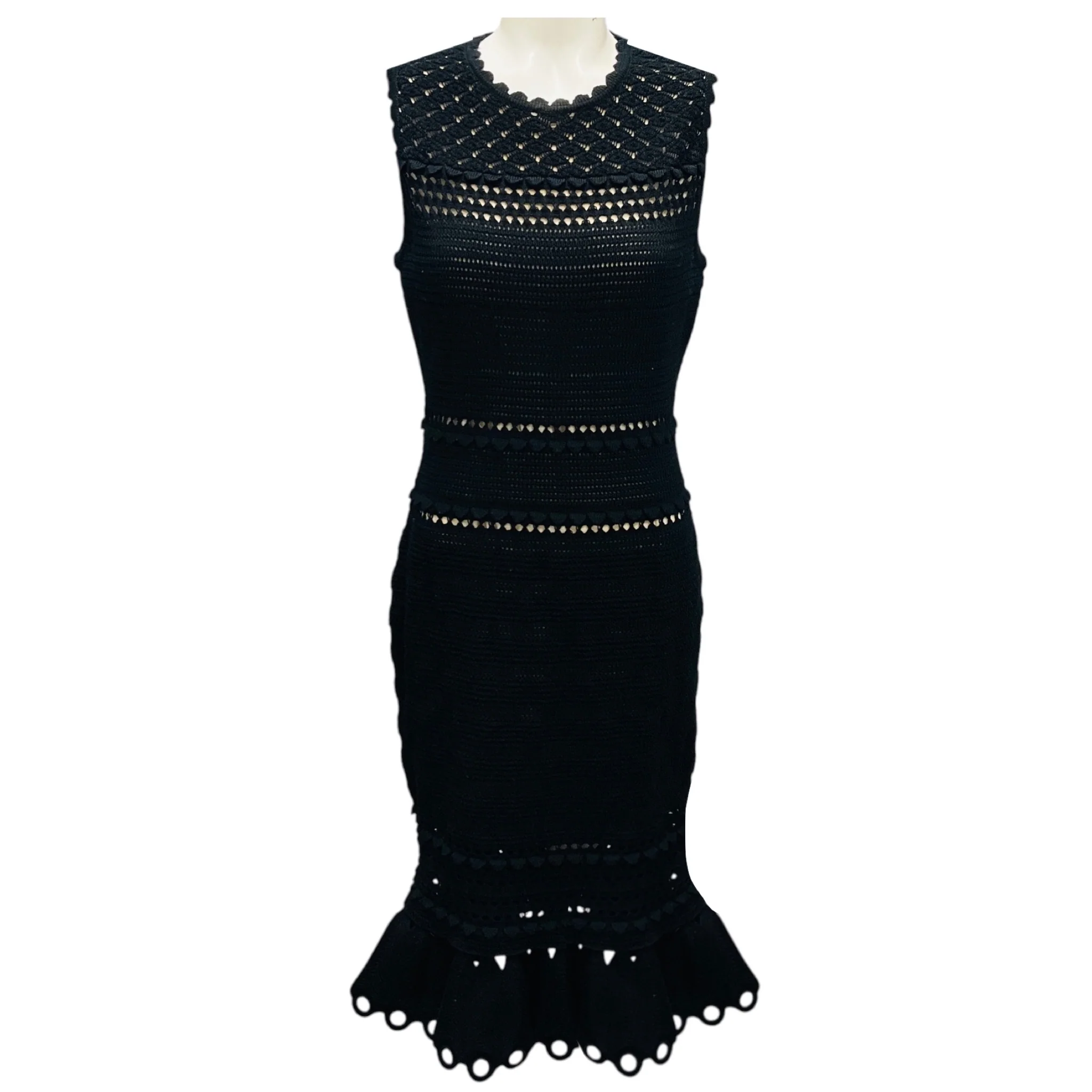 Alexander McQueen Black Sleeveless Crochet Knit Midi Cocktail Dress