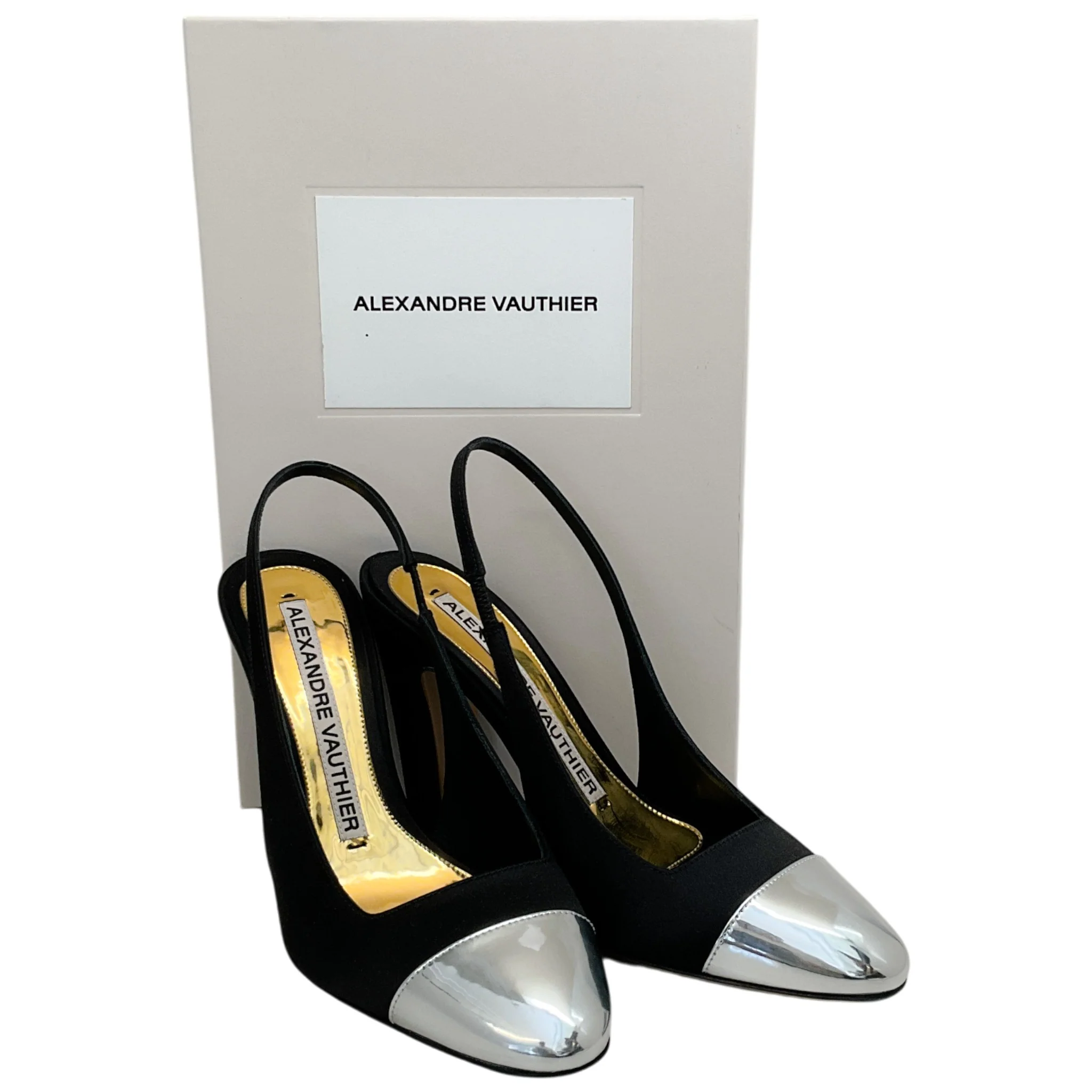 Alexandre Vauthier Black Satin Slingback Pumps with Silver Cap Toe - Image 6
