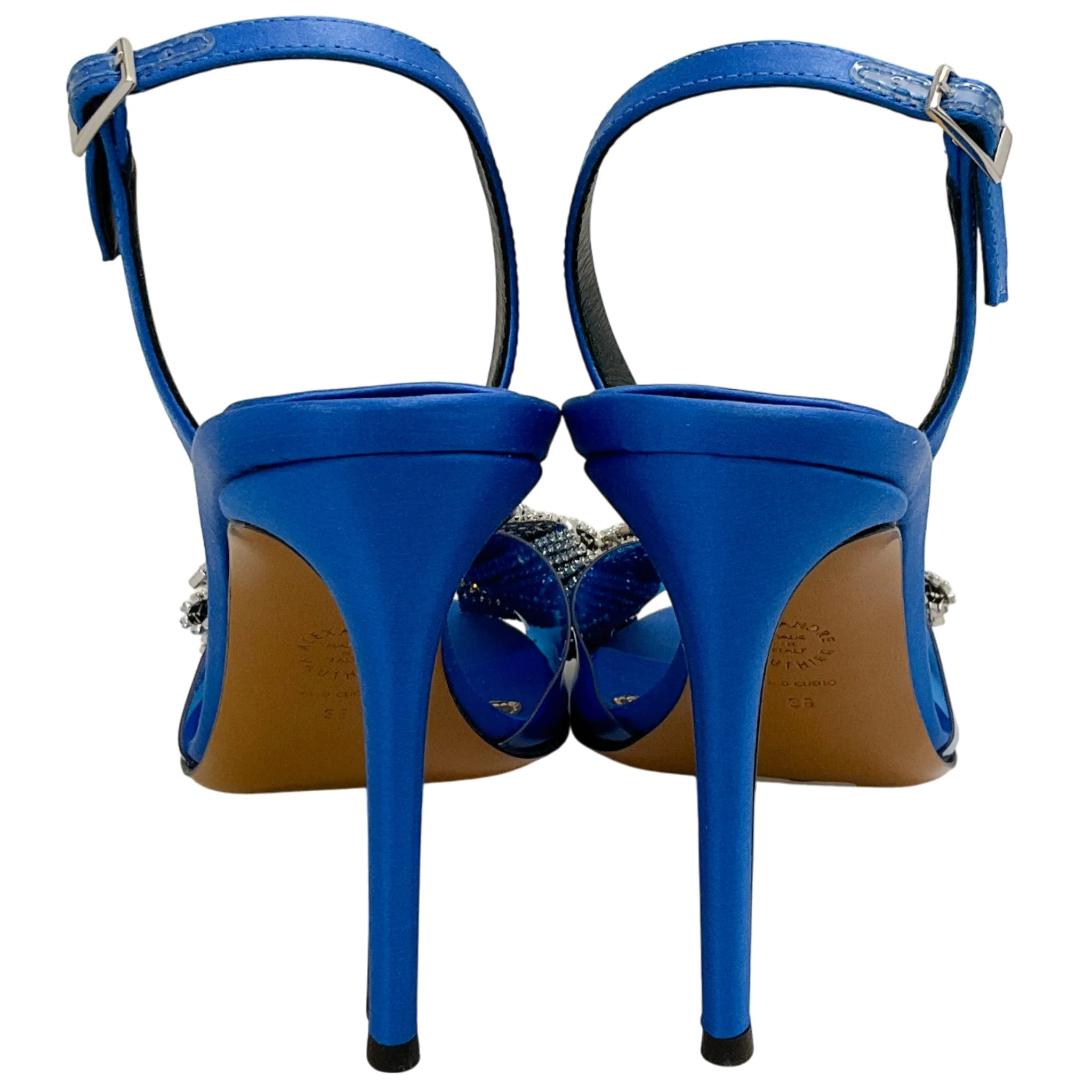 Alexandre Vauthier Cobalt Blue Satin Slingback Sandals with Crystal Embellished Bow - Image 5