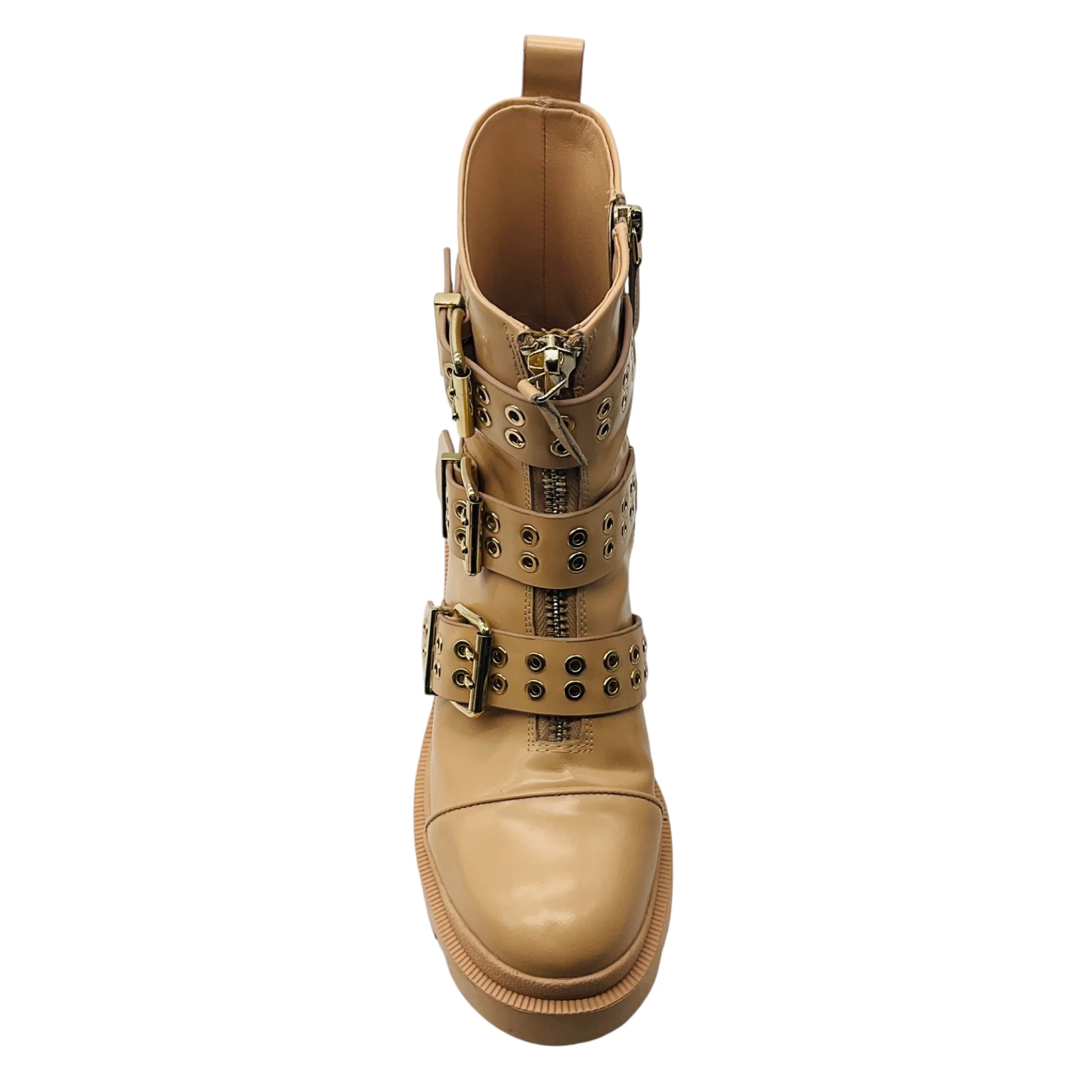 Alice + Olivia Beige Almond / Gold Hali Lug Sole Combat Moto Boots - Image 4