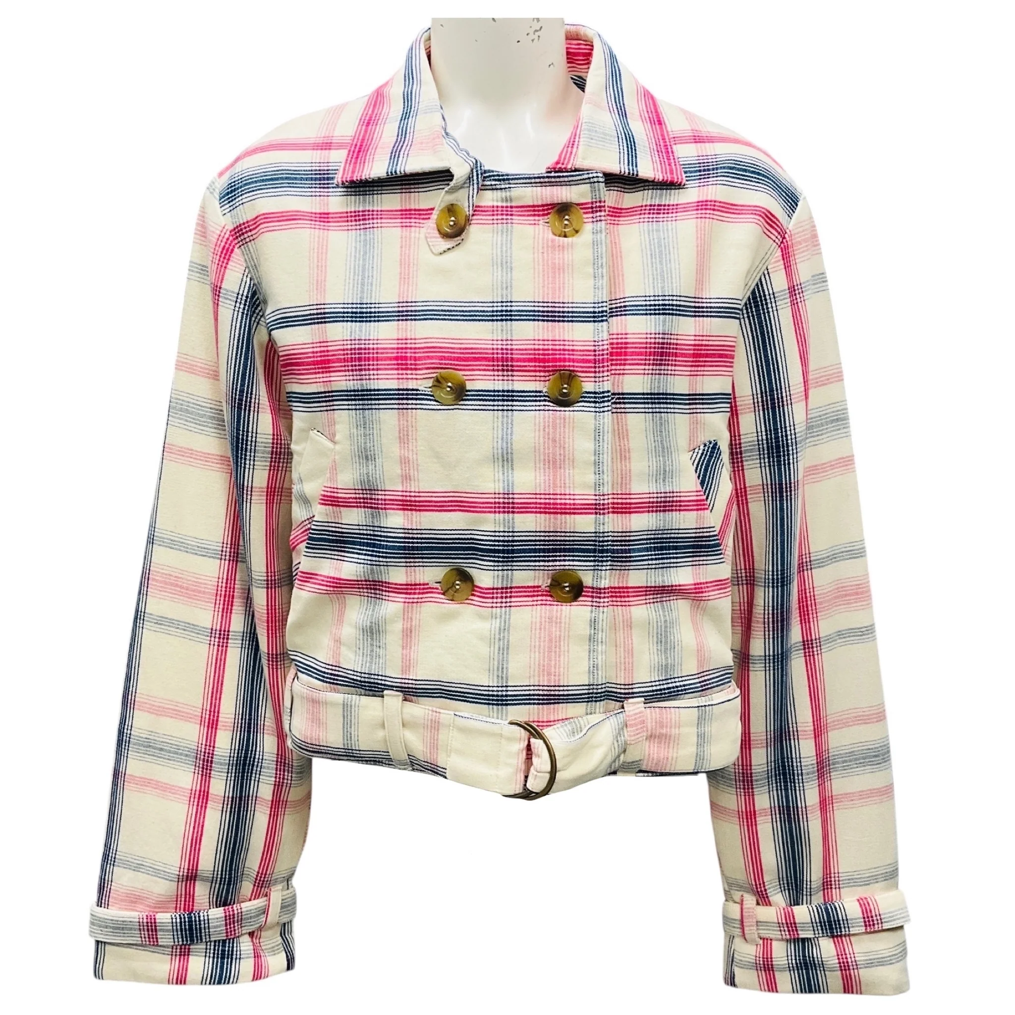 Alix of Bohemia Ivory / Pink / Navy Blue Cropped Double Breasted Plaid Cotton Jacket