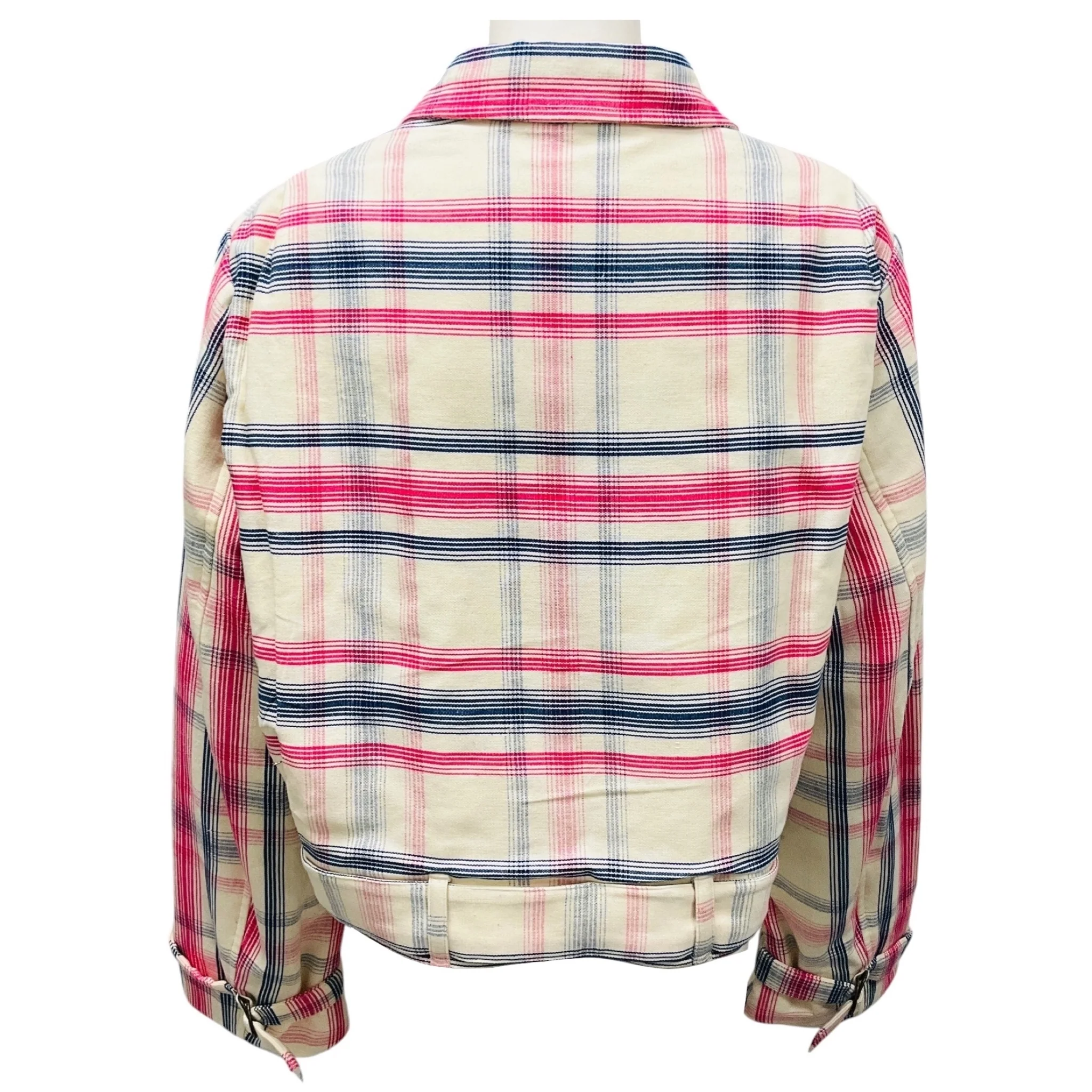 Alix of Bohemia Ivory / Pink / Navy Blue Cropped Double Breasted Plaid Cotton Jacket - Image 3