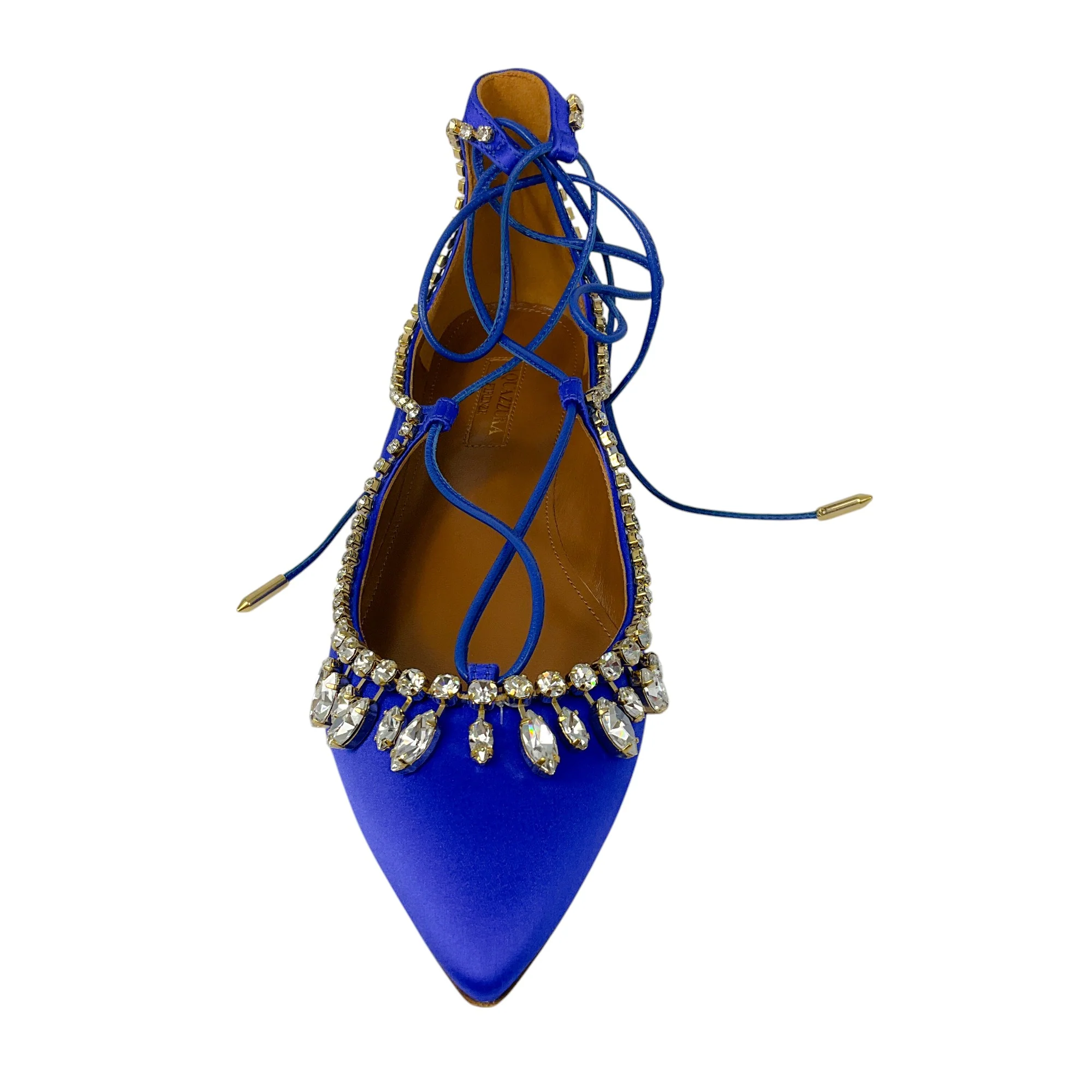 Aquazzura Royal Blue Crystal Embellished Satin Christy Jewel Flat - Image 4