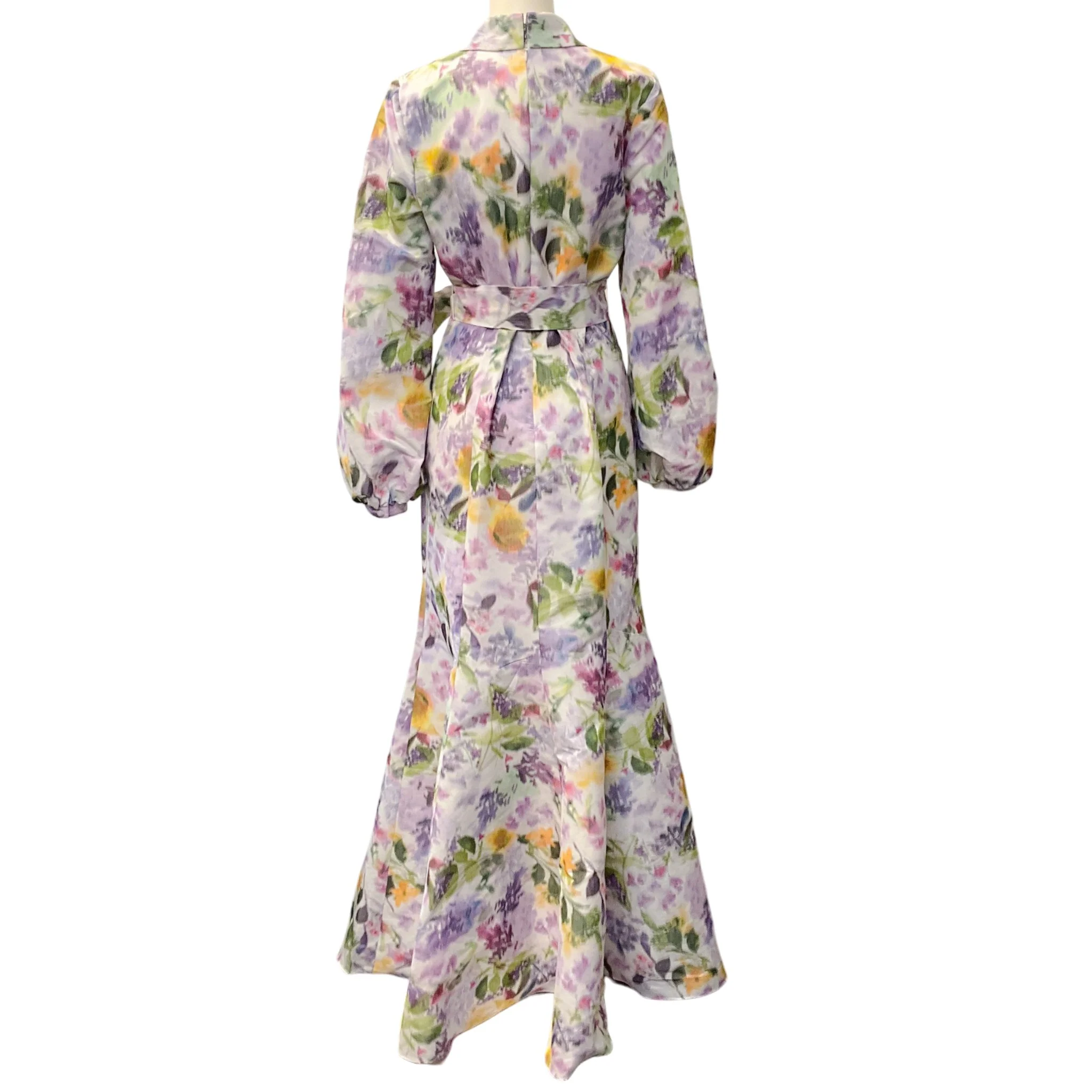Badgley Mischka Lilac Multi Floral Taffeta Maxi Dress with Tie Belt - Image 3