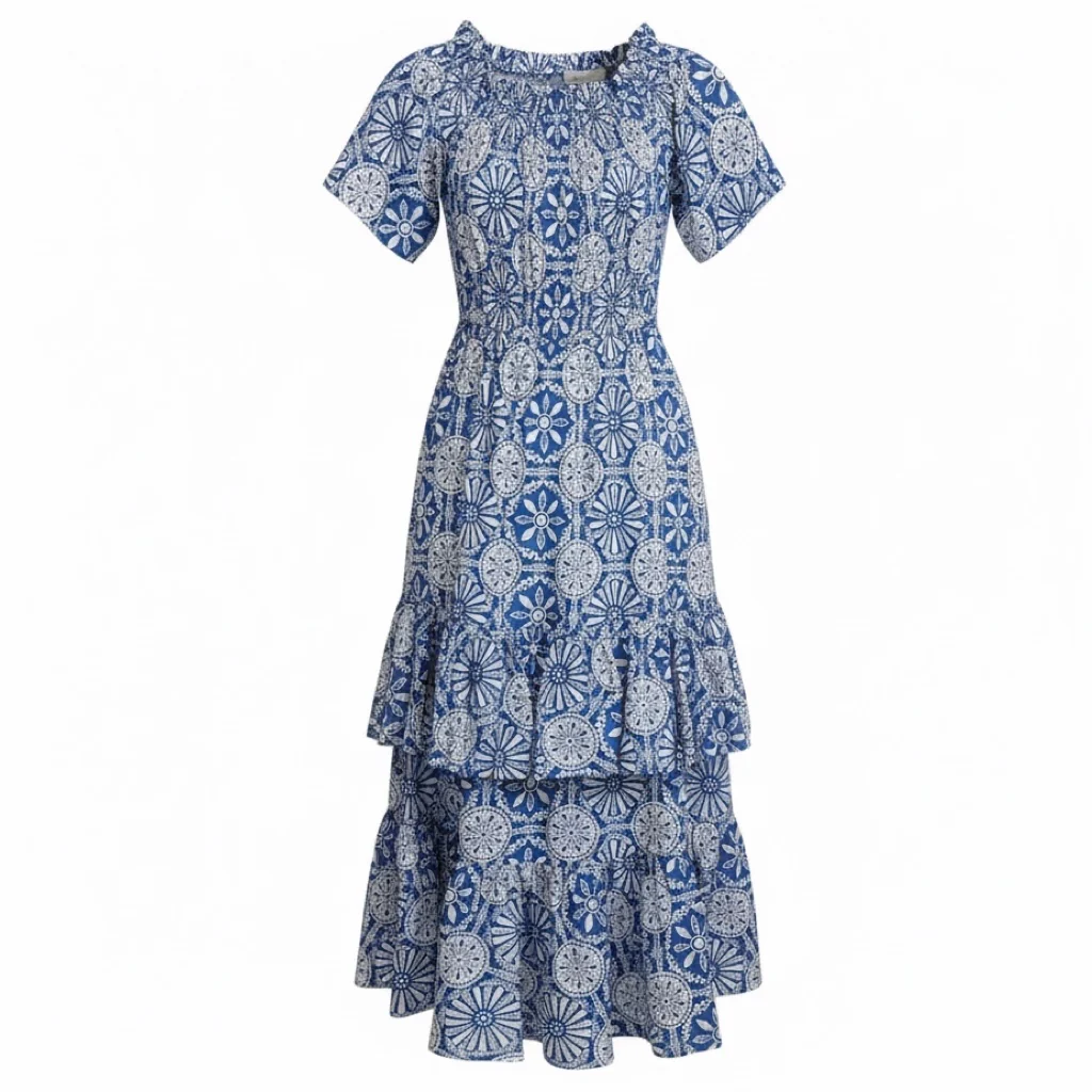 Borgo de Nor Blue / White Printed Short Sleeved Ruffled Tiered Cotton Midi Dress