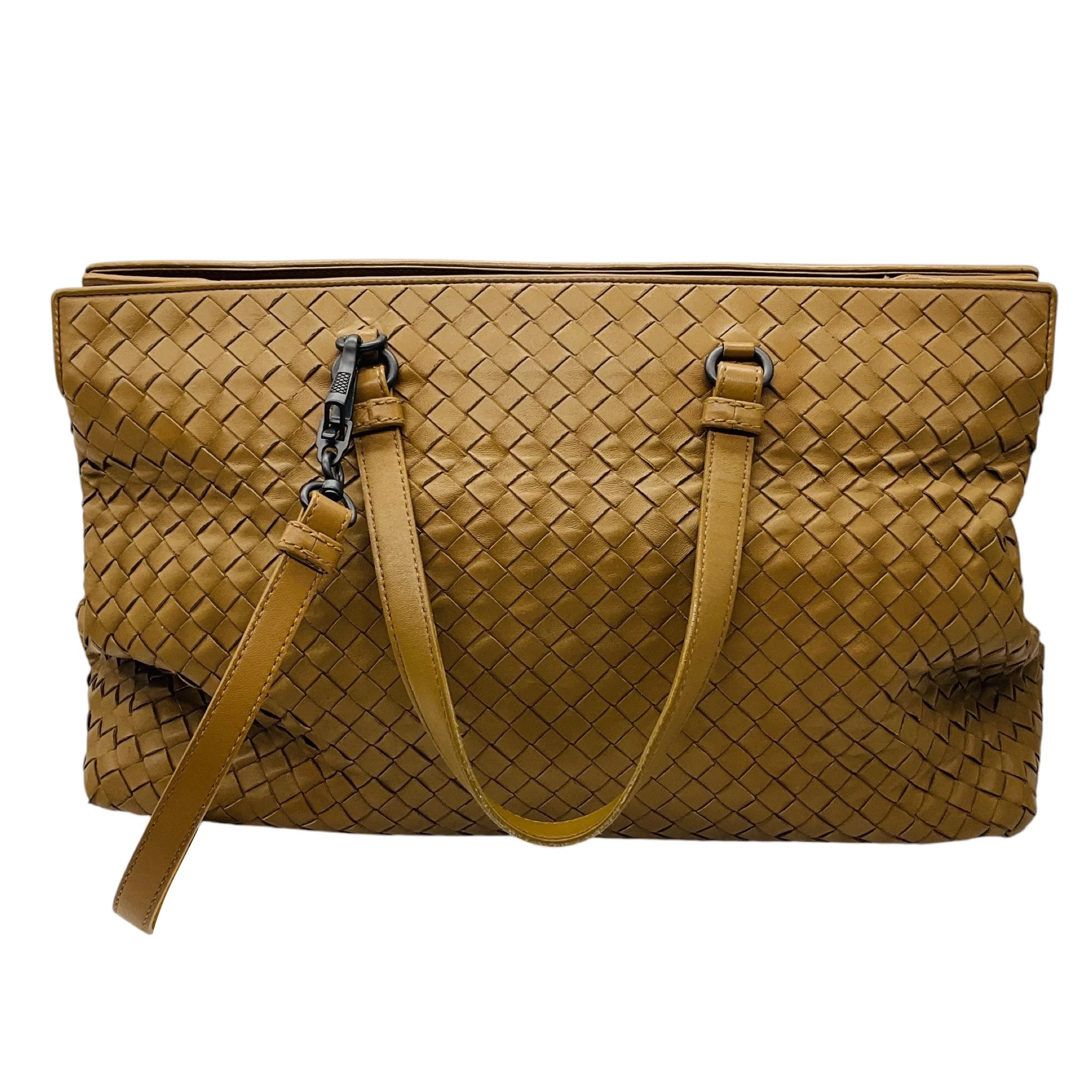 Bottega Veneta Tan Intrecciato Woven Leather Double Top Handle Tote Handbag with Shoulder Strap - Image 3