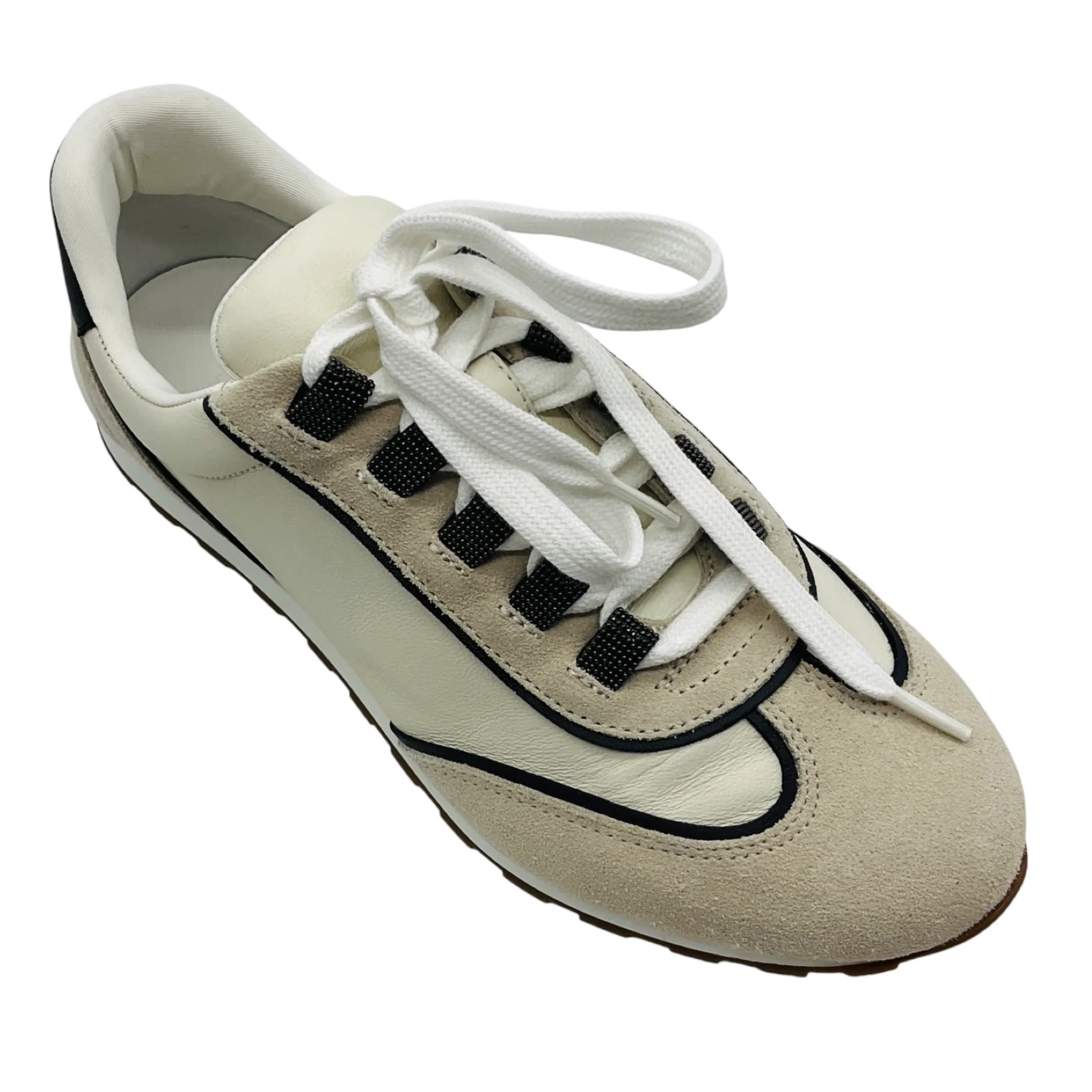 Brunello Cucinelli Beige Monili Bead Embellished Suede and Leather Sneakers