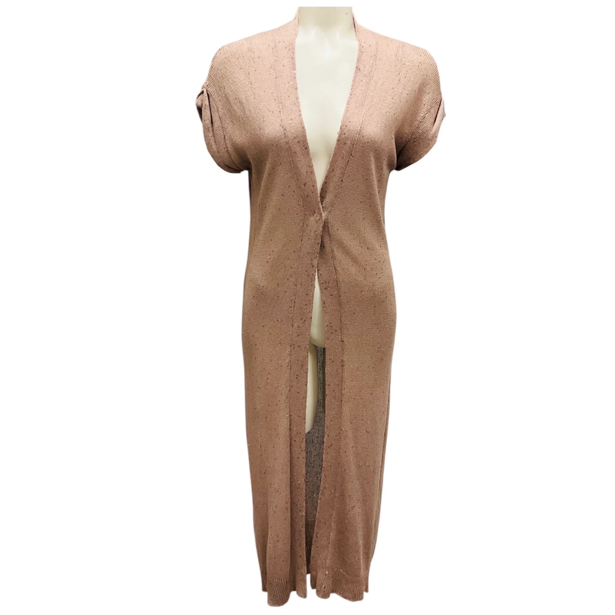 Brunello Cucinelli Blush Pink Sequined Short Sleeved Linen and Silk Knit Long Cardigan Sweater