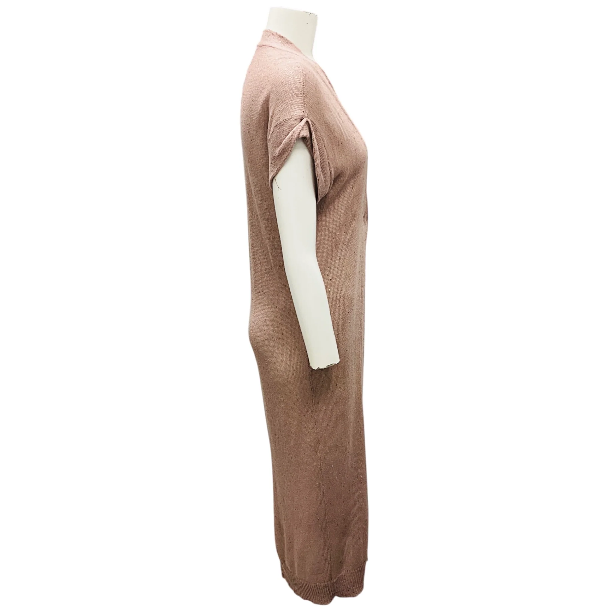 Brunello Cucinelli Blush Pink Sequined Short Sleeved Linen and Silk Knit Long Cardigan Sweater - Image 2