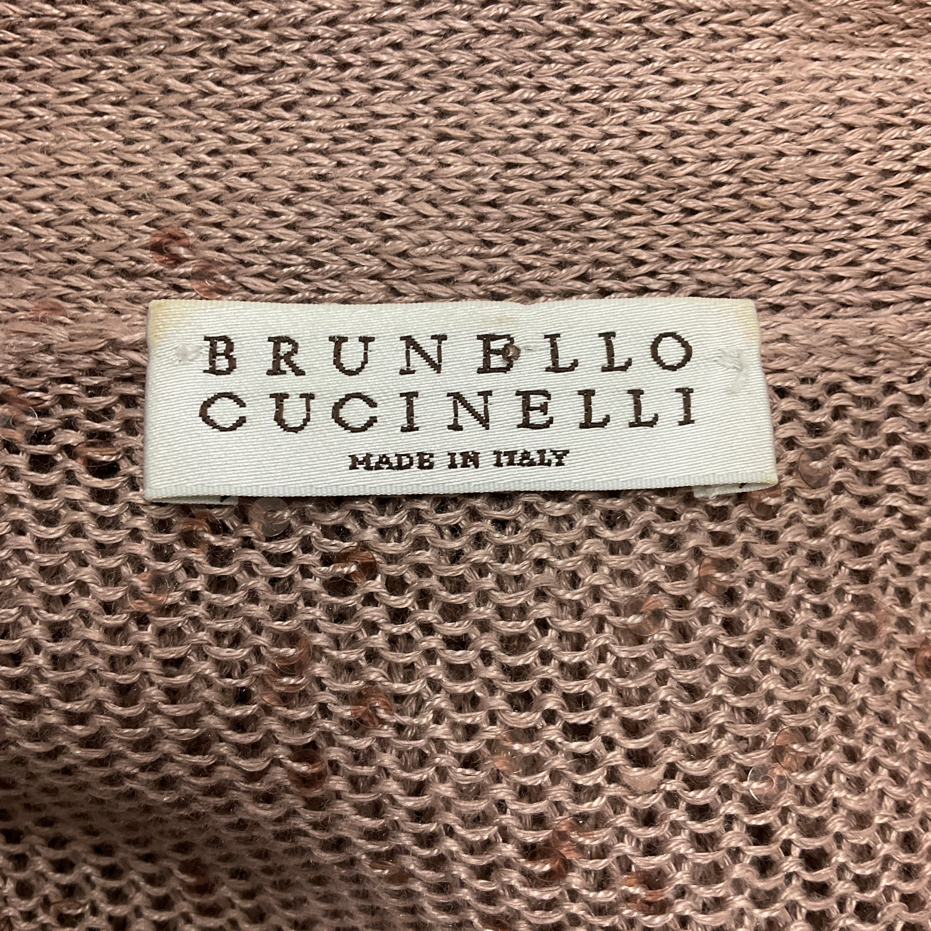 Brunello Cucinelli Blush Pink Sequined Short Sleeved Linen and Silk Knit Long Cardigan Sweater - Image 4