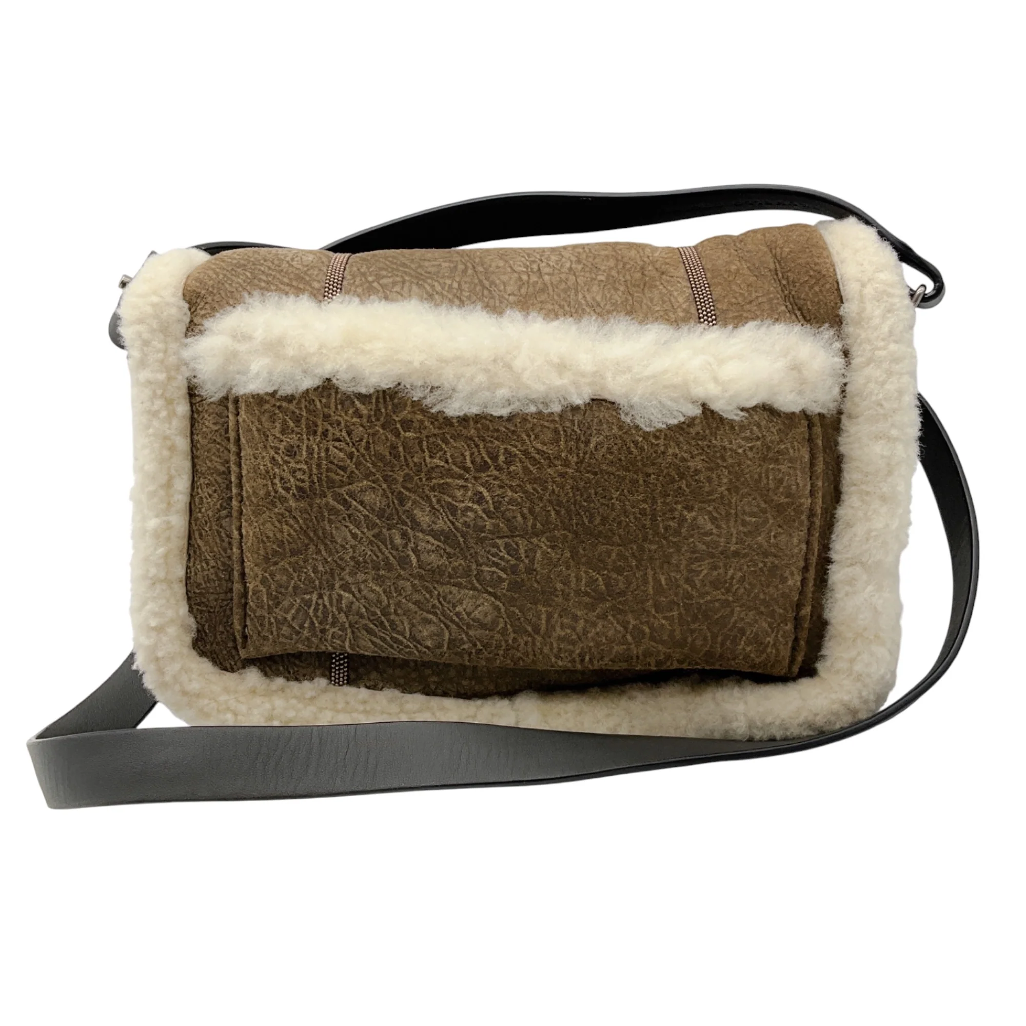 Brunello Cucinelli Brown / Cream Monili Bead Embellished Lamb Shearling Handbag - Image 3