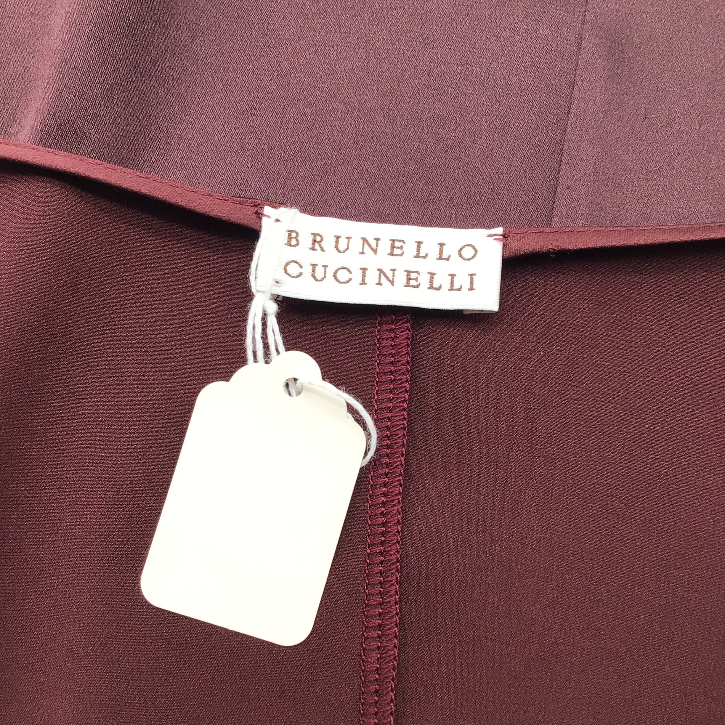 Brunello Cucinelli Burgundy Sleeveless V-Neck Silk Top - Image 4