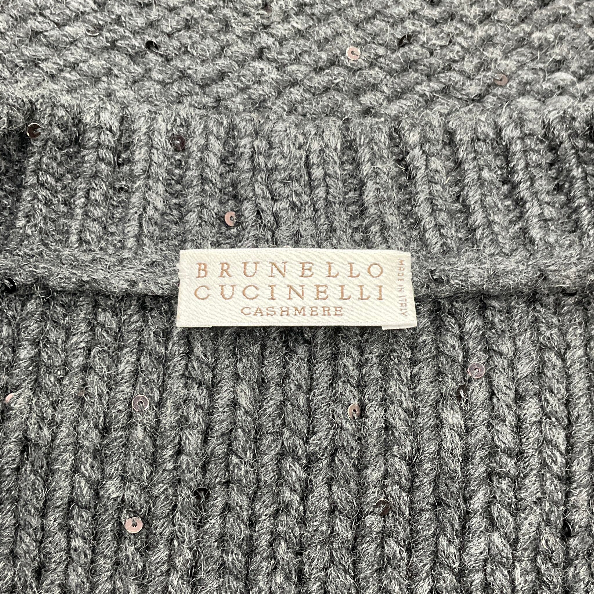 Brunello Cucinelli Charcoal Grey Cashmere V Neck Sweater with Sequins - Image 4