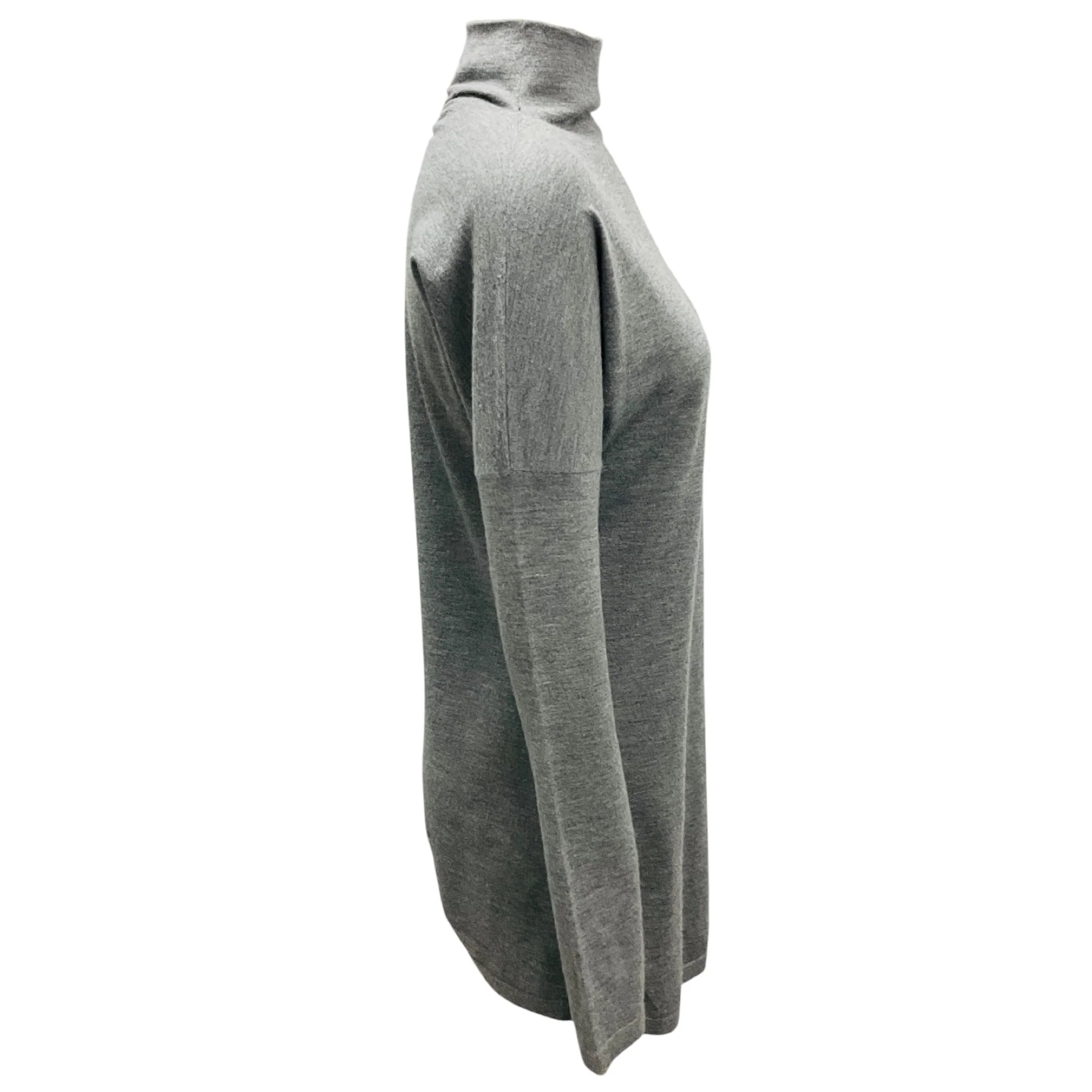Brunello Cucinelli Grey Ruched Rhinestone Embellished Long Sleeved Mock Neck Fine Knit Cashmere Sweater - Image 2