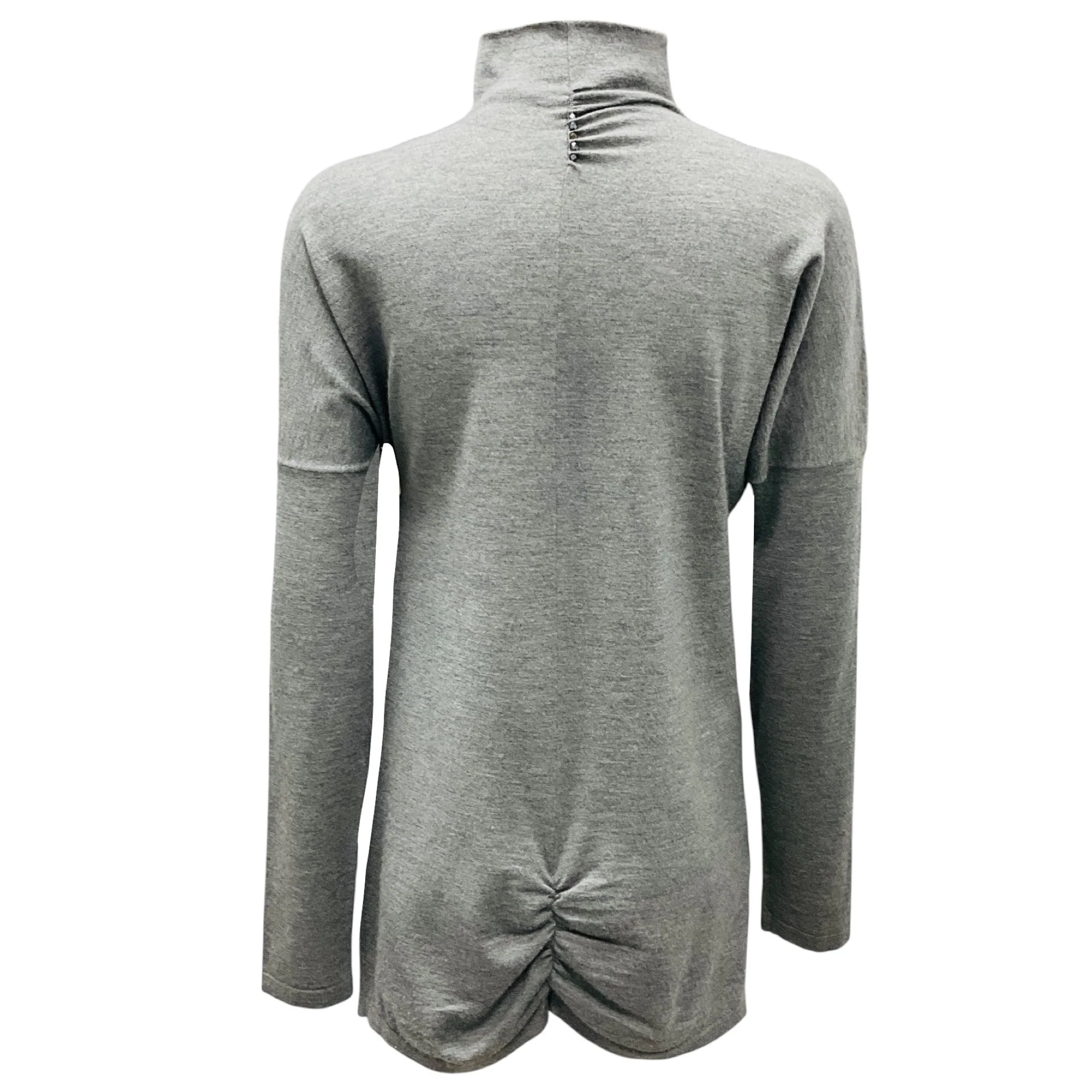 Brunello Cucinelli Grey Ruched Rhinestone Embellished Long Sleeved Mock Neck Fine Knit Cashmere Sweater - Image 3