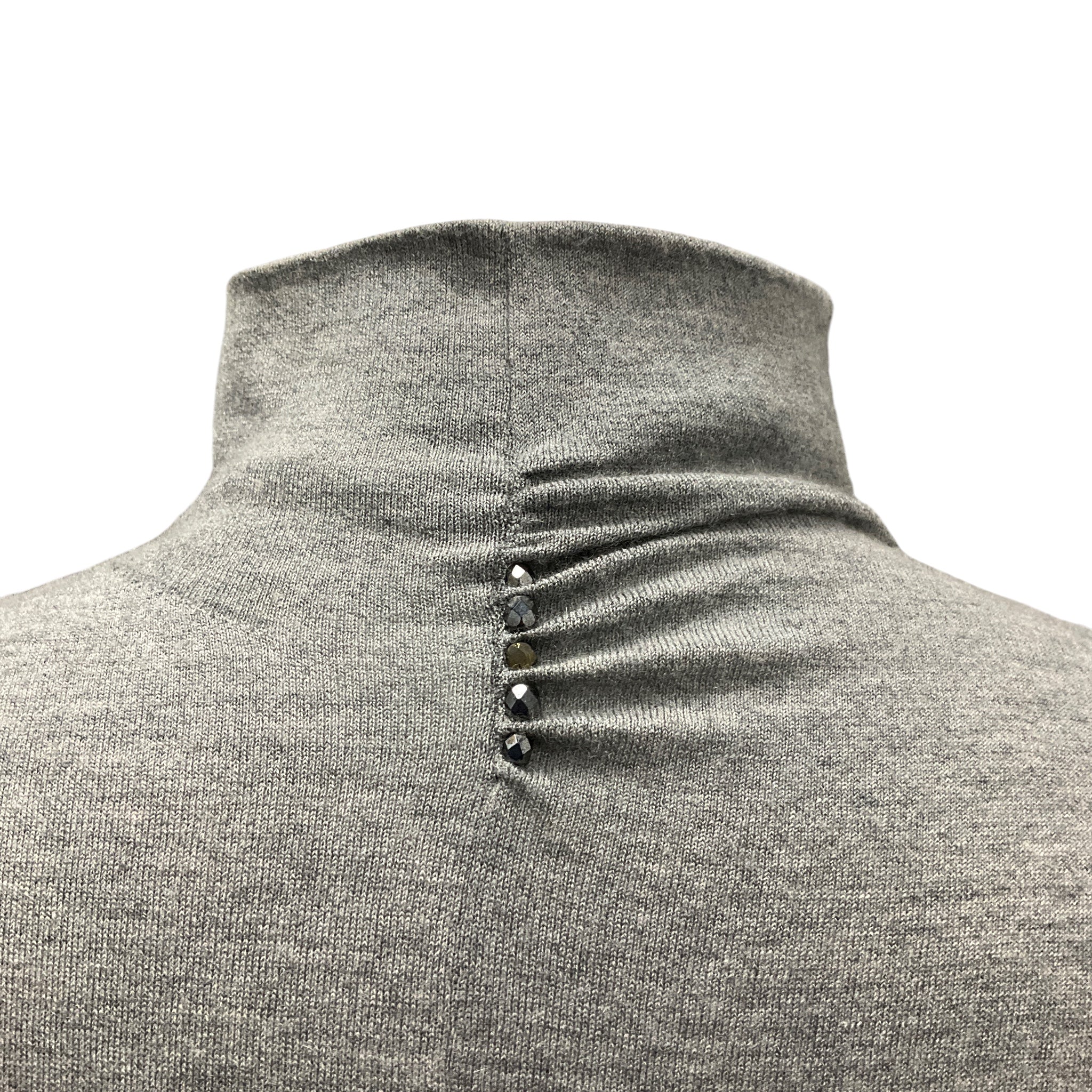 Brunello Cucinelli Grey Ruched Rhinestone Embellished Long Sleeved Mock Neck Fine Knit Cashmere Sweater - Image 4