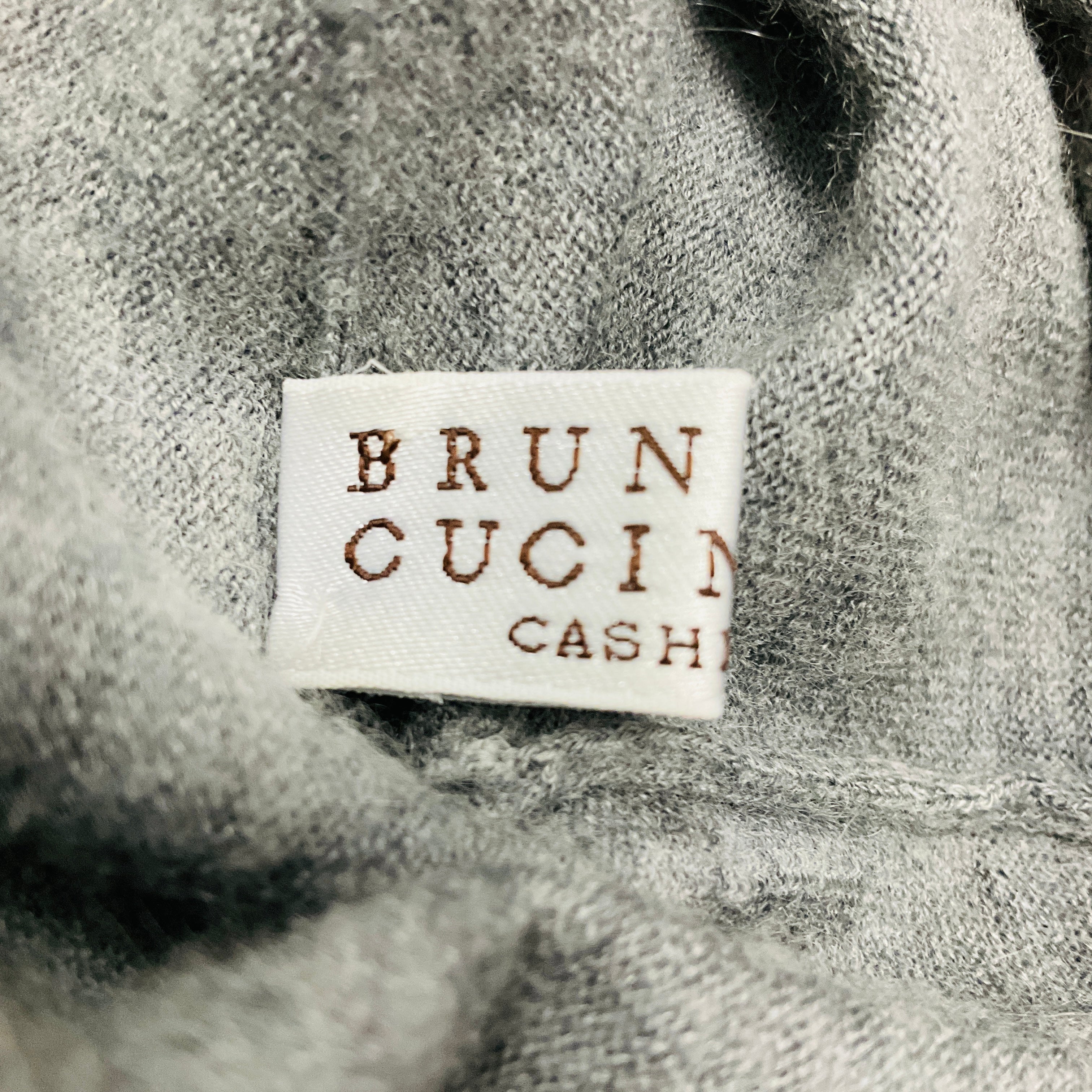 Brunello Cucinelli Grey Ruched Rhinestone Embellished Long Sleeved Mock Neck Fine Knit Cashmere Sweater - Image 5