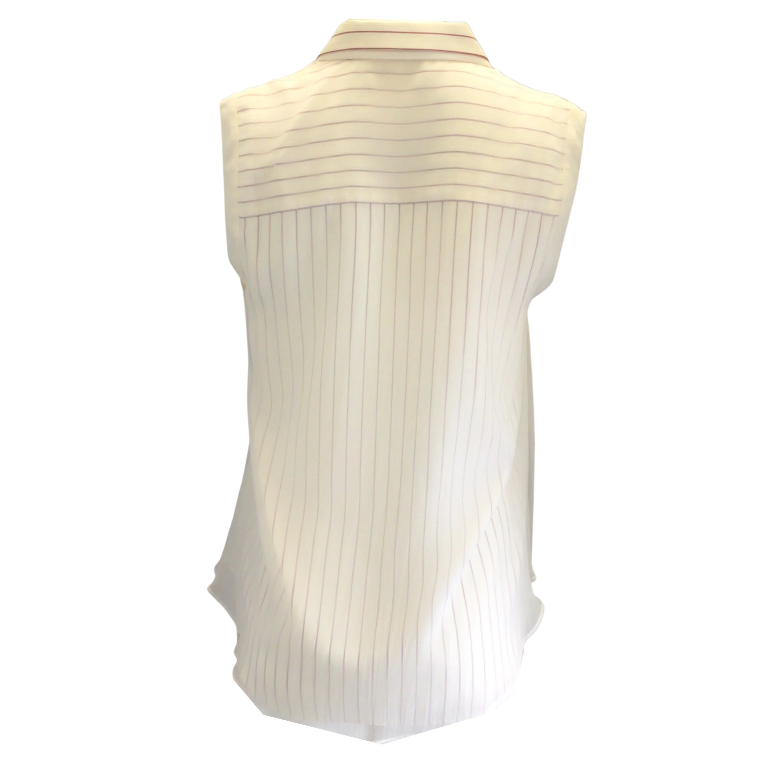 Brunello Cucinelli Ivory / Burgundy Striped Sleeveless Button-down Silk Top - Image 3
