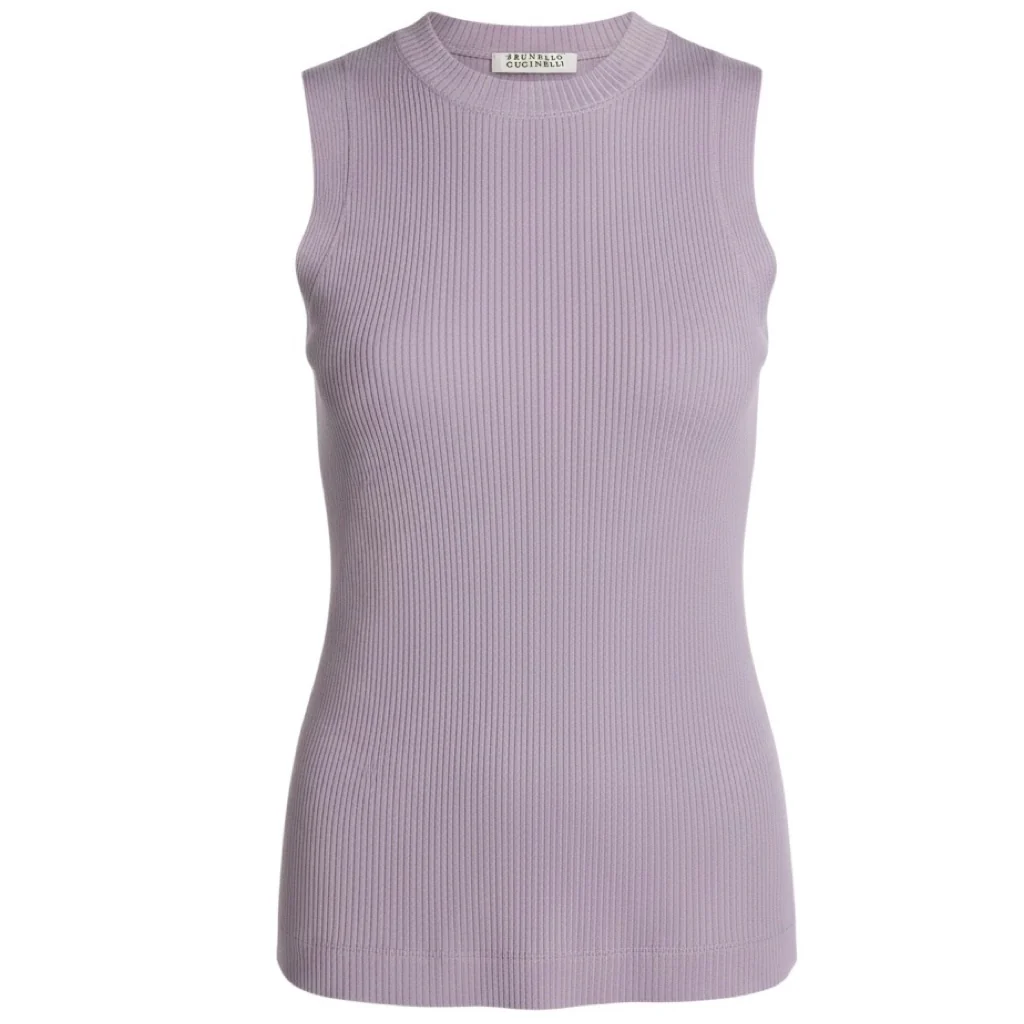 Brunello Cucinelli Lavender Ribbed Knit Cotton Jersey Crewneck Tank Top with Monili Chain