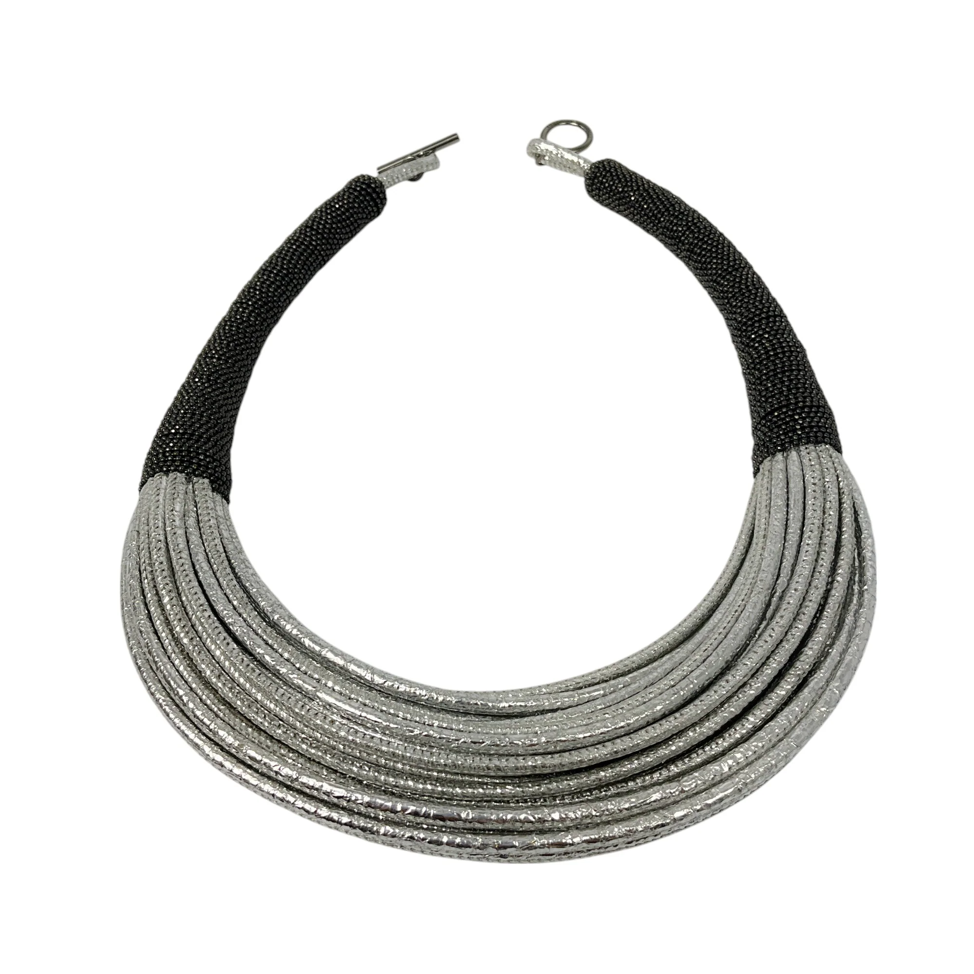 Brunello Cucinelli Silver Metallic / Charcoal Monili Bead Embellished Leather Toggle Choker Necklace - Image 4