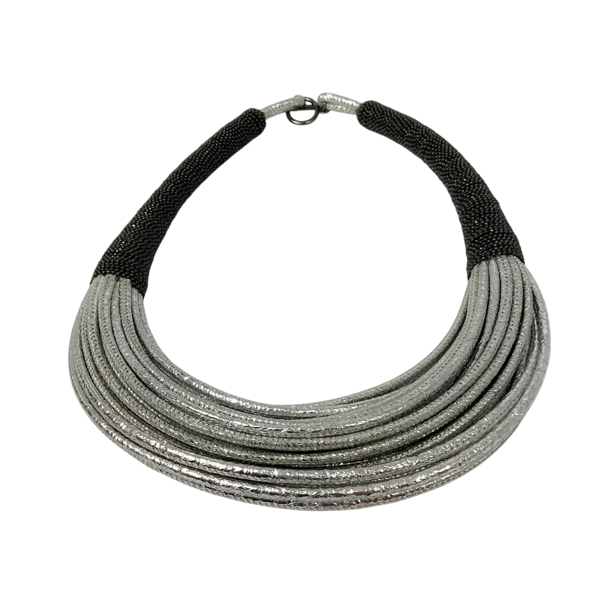 Brunello Cucinelli Silver Metallic / Charcoal Monili Bead Embellished Leather Toggle Choker Necklace - Image 5