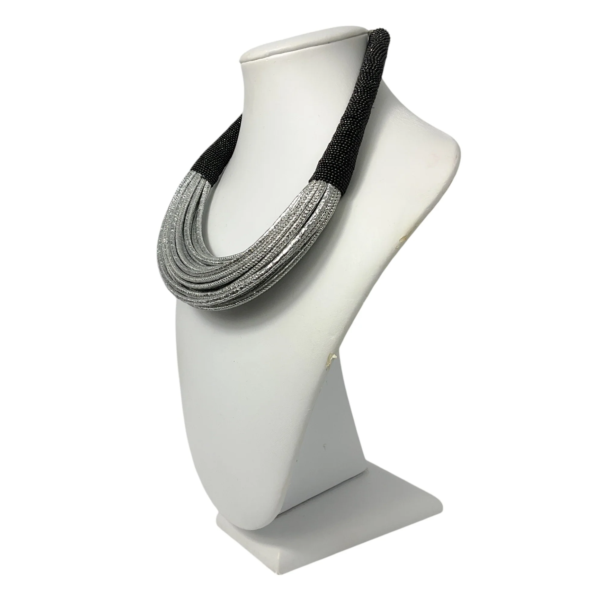 Brunello Cucinelli Silver Metallic / Charcoal Monili Bead Embellished Leather Toggle Choker Necklace - Image 9