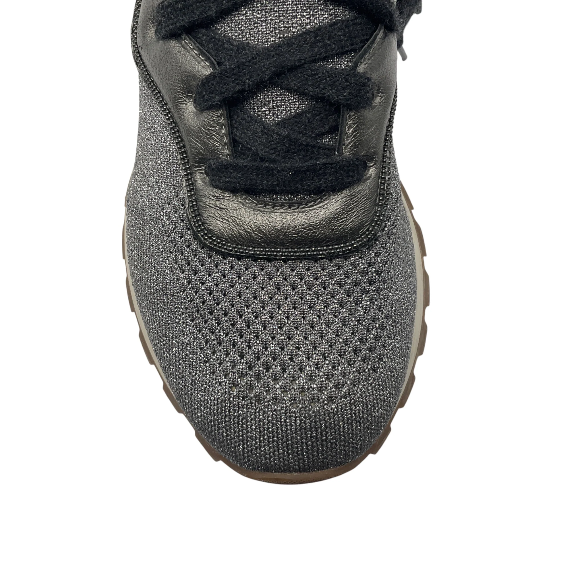 Brunello Cucinelli Silver Metallic Shimmer Knit and Leather Sneakers with Monili - Image 5