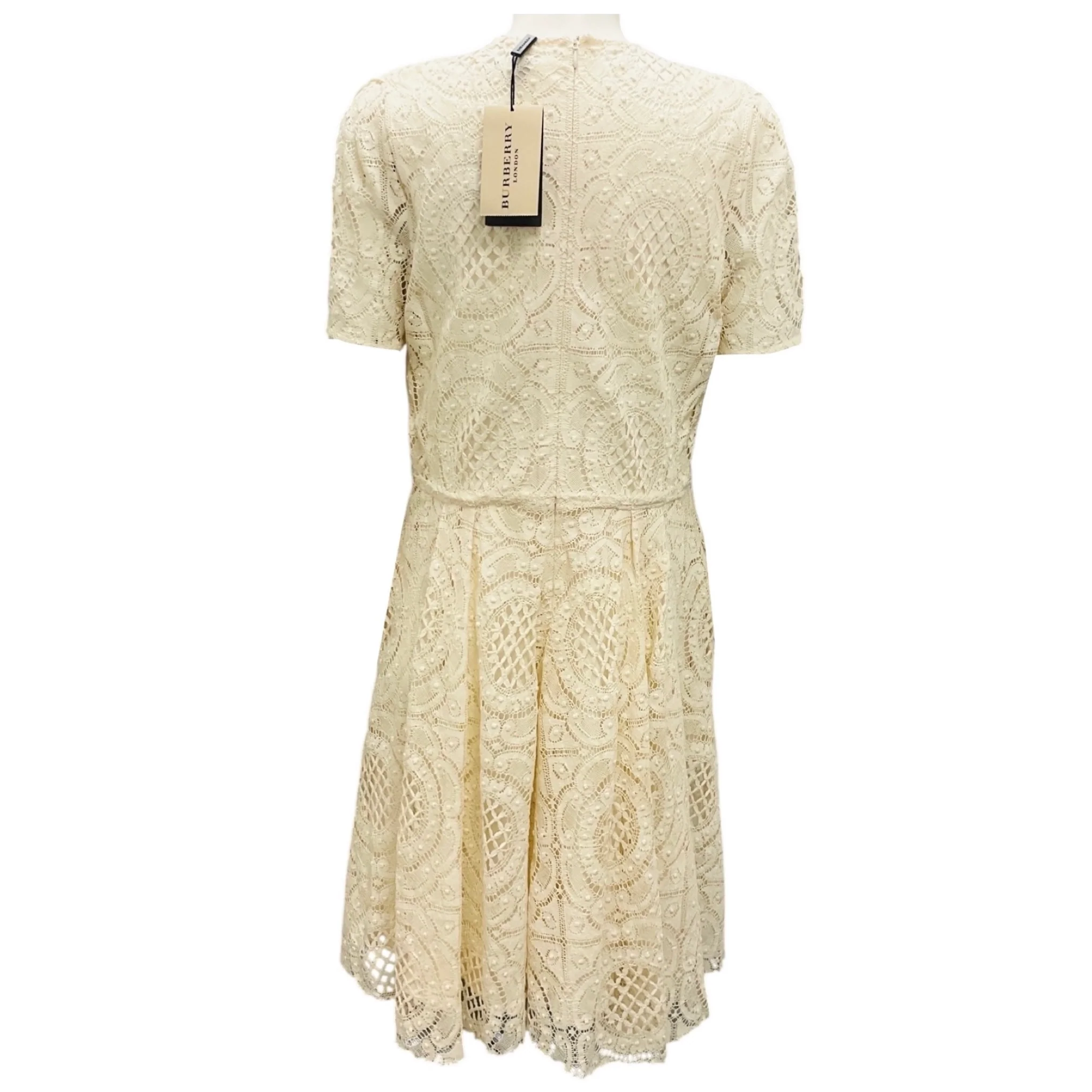 Burberry Parchment Ivory Short Sleeved Crochet Knit Lace Dress - Image 3