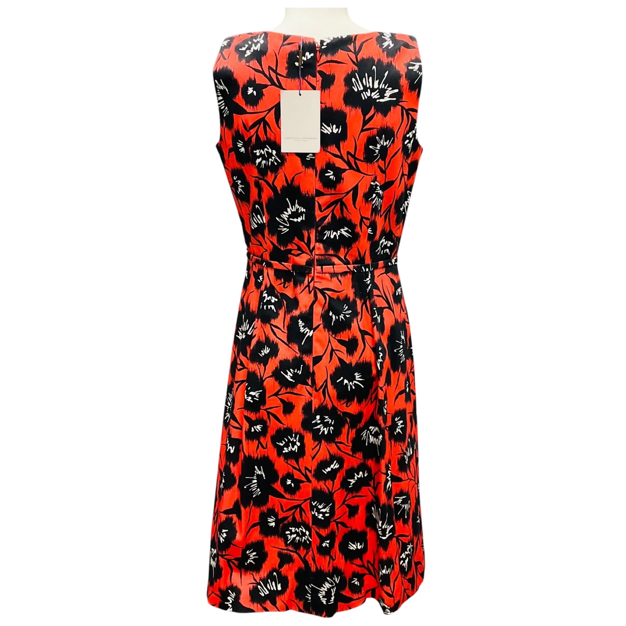 Carolina Herrera Black / White / Coral Printed Sleeveless Stretch Cotton Dress - Image 3