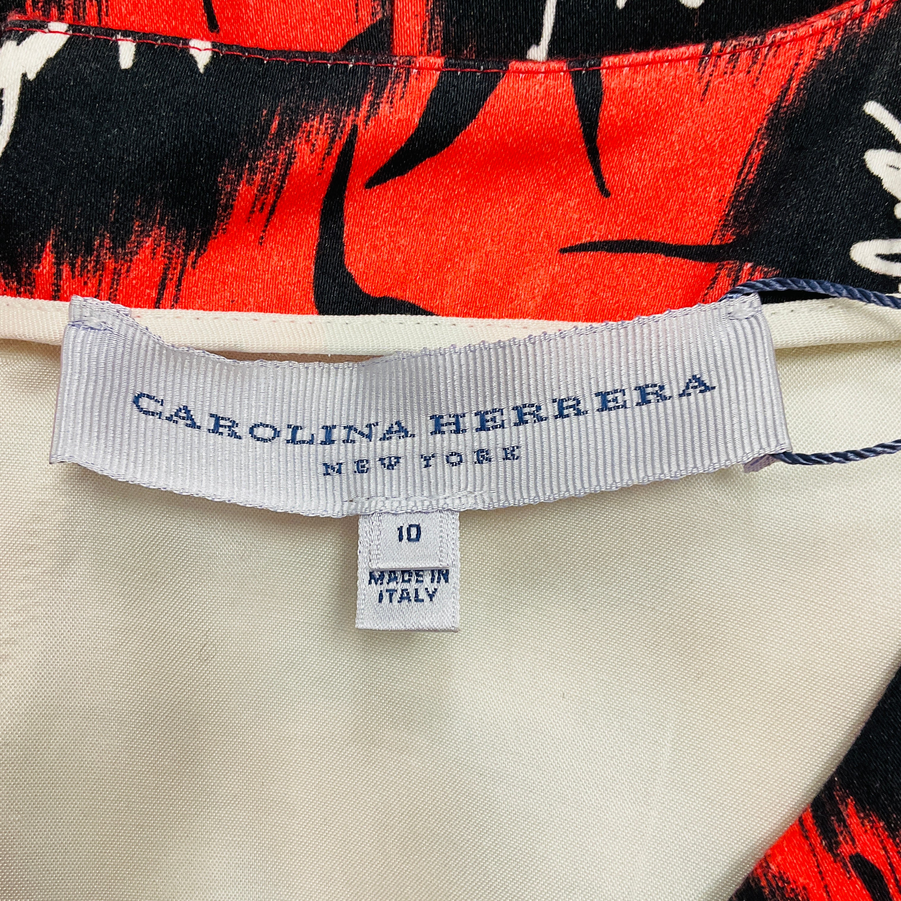 Carolina Herrera Black / White / Coral Printed Sleeveless Stretch Cotton Dress - Image 4