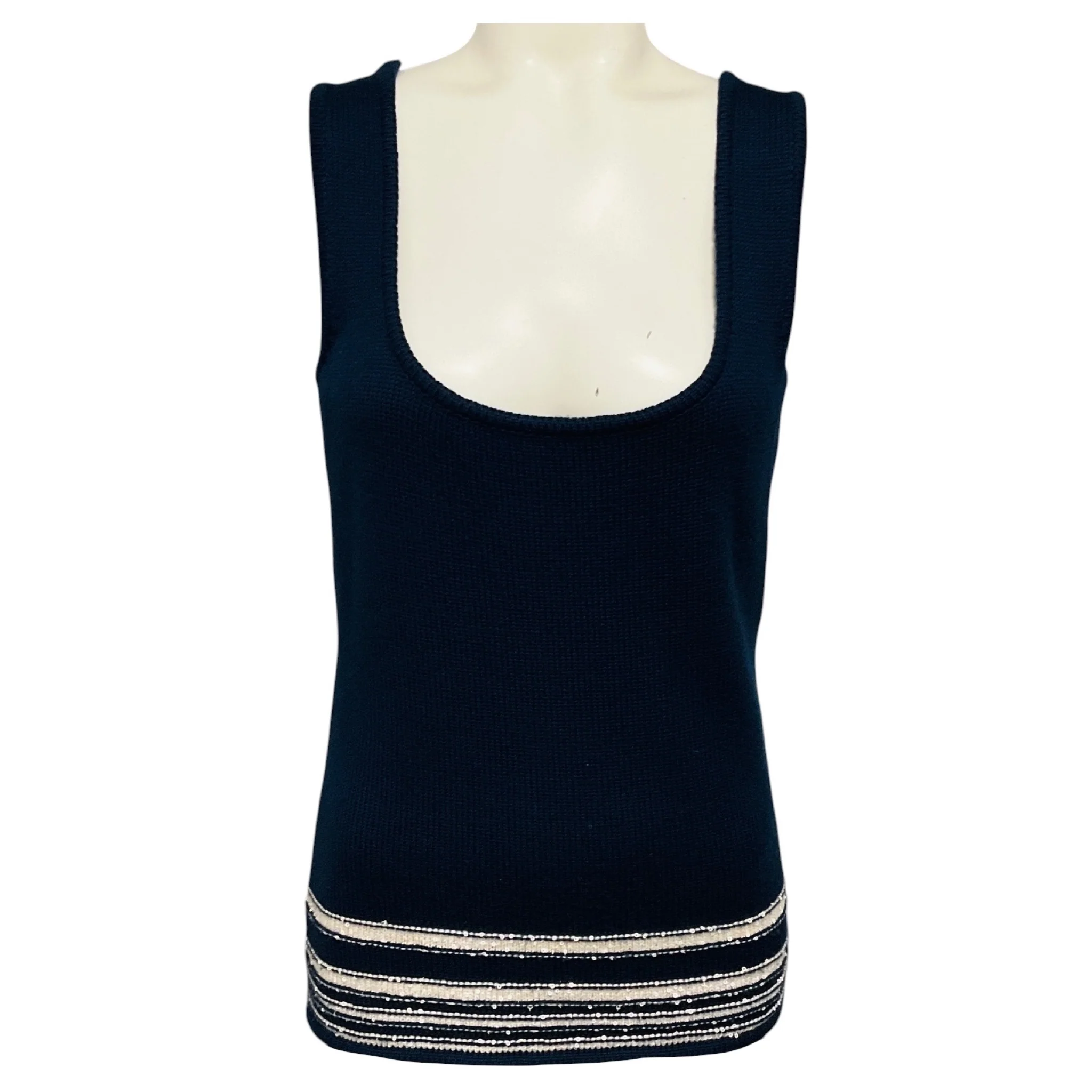 Carolina Herrera Navy Blue / Ivory Sequined Wool and Silk Knit Cardigan and Tank Top Set - Image 4