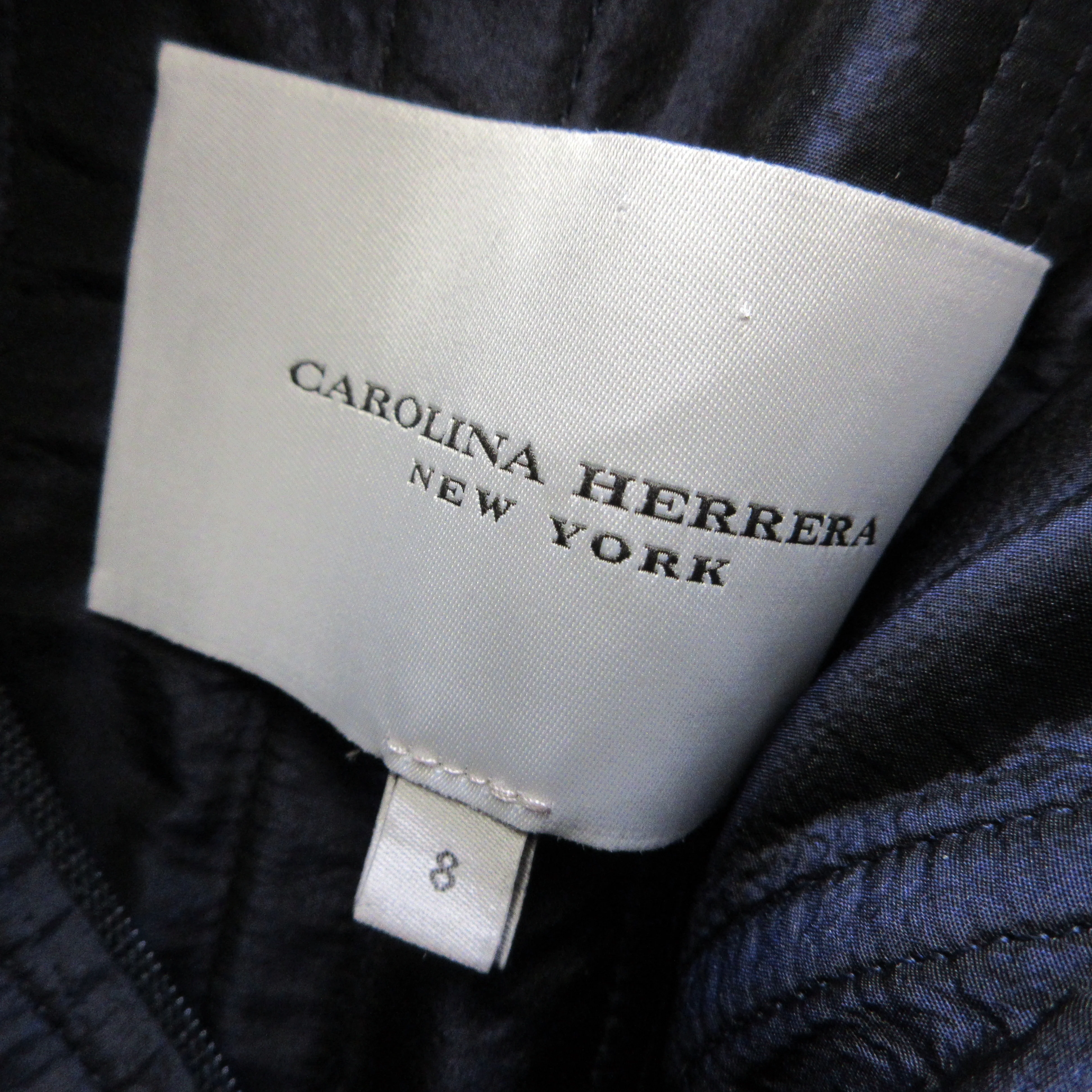 Carolina Herrera Navy Blue / White / Black Floral Embroidered Strapless A-Line Silk Dress - Image 4