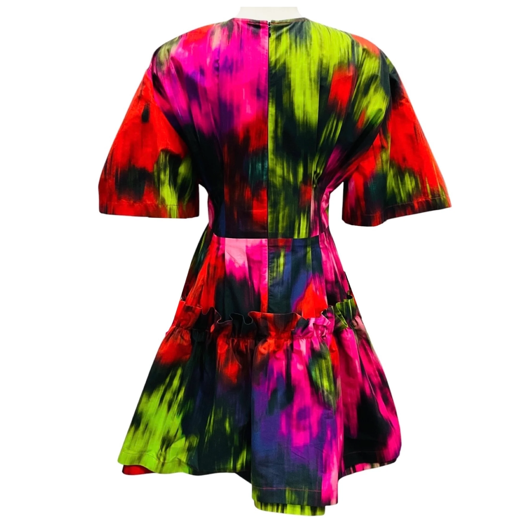 Carolina Herrera Red / Green Multi Short Sleeved Flared Cotton Mini Dress - Image 3