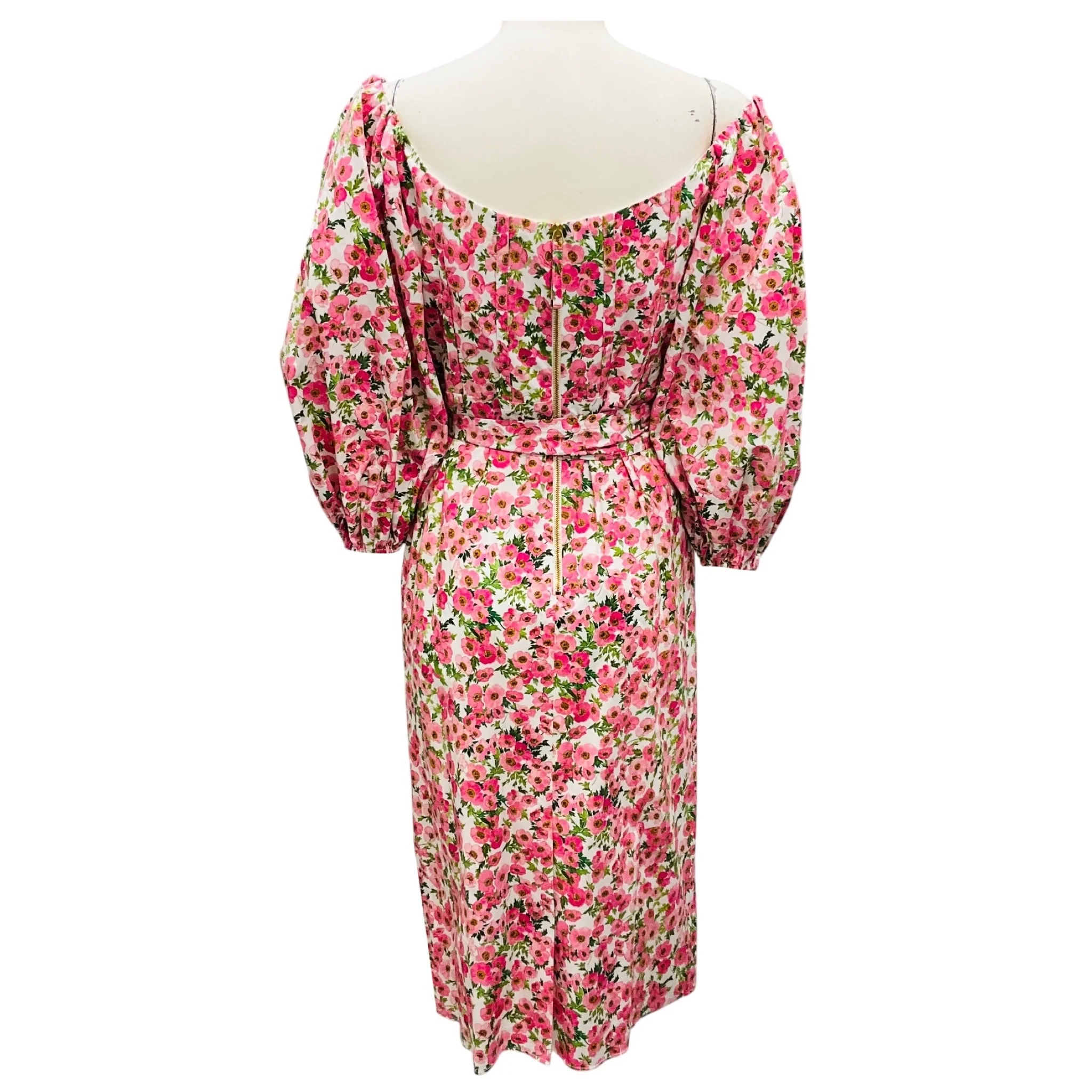 Carolina Herrera White / Pink Multi Off Shoulder Balloon Sleeve Midi Dress with Belt - Image 3