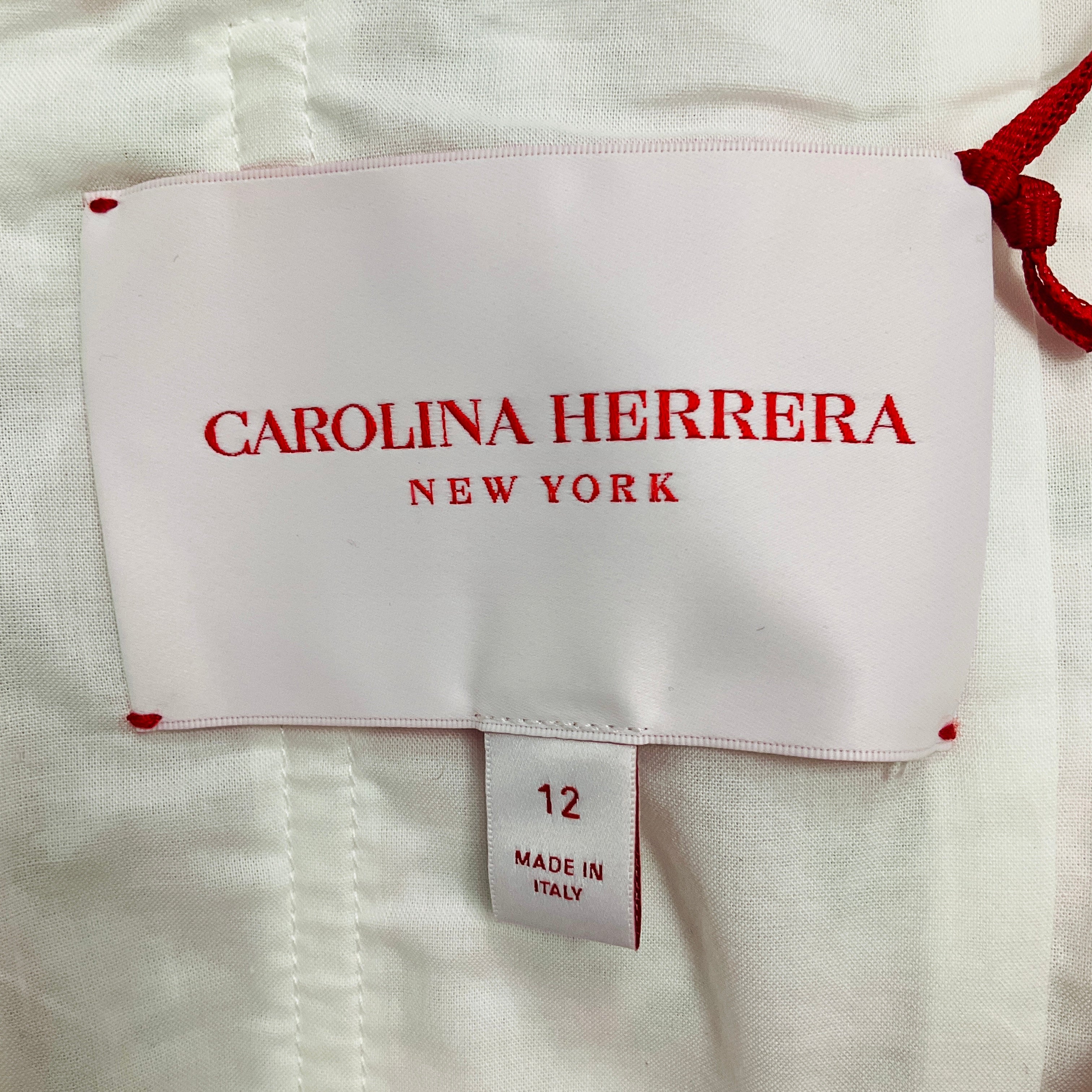 Carolina Herrera White / Pink Multi Off Shoulder Balloon Sleeve Midi Dress with Belt - Image 4