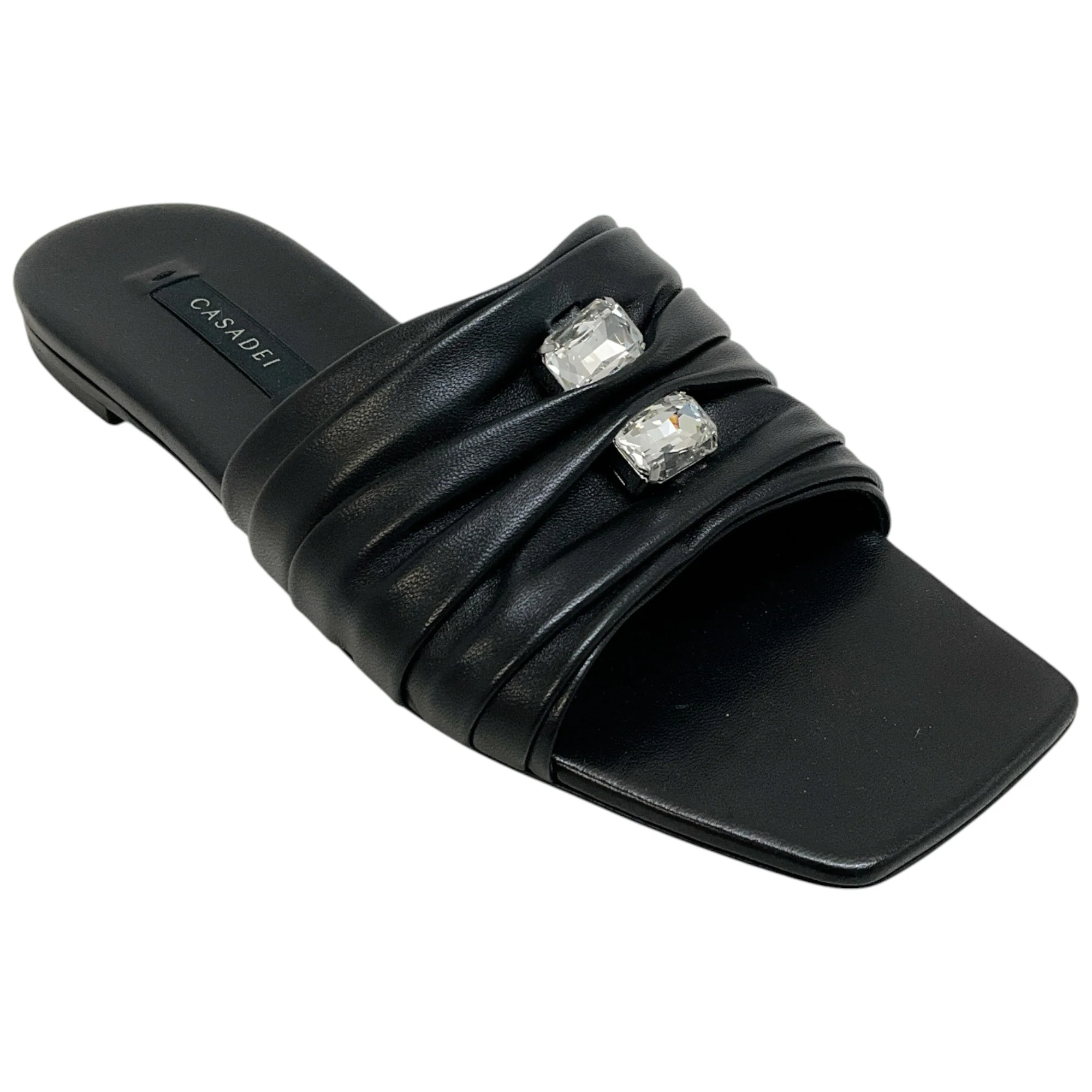 Casadei Black Leather Ruched Flat Slides with Crystals