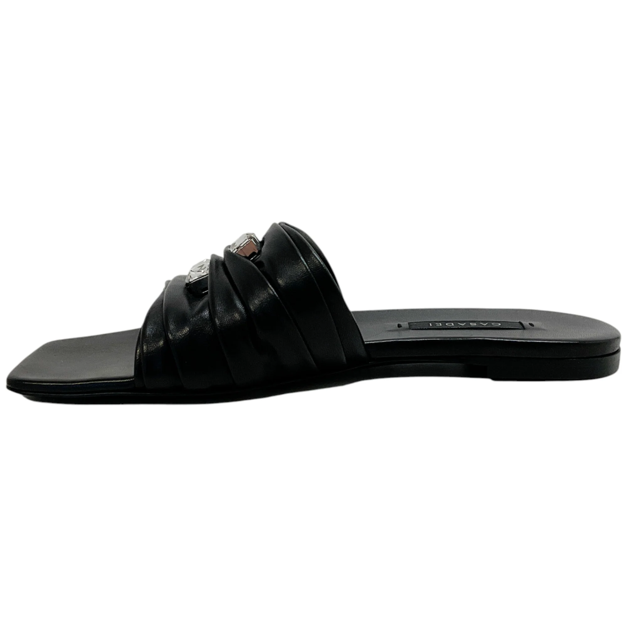 Casadei Black Leather Ruched Flat Slides with Crystals - Image 3