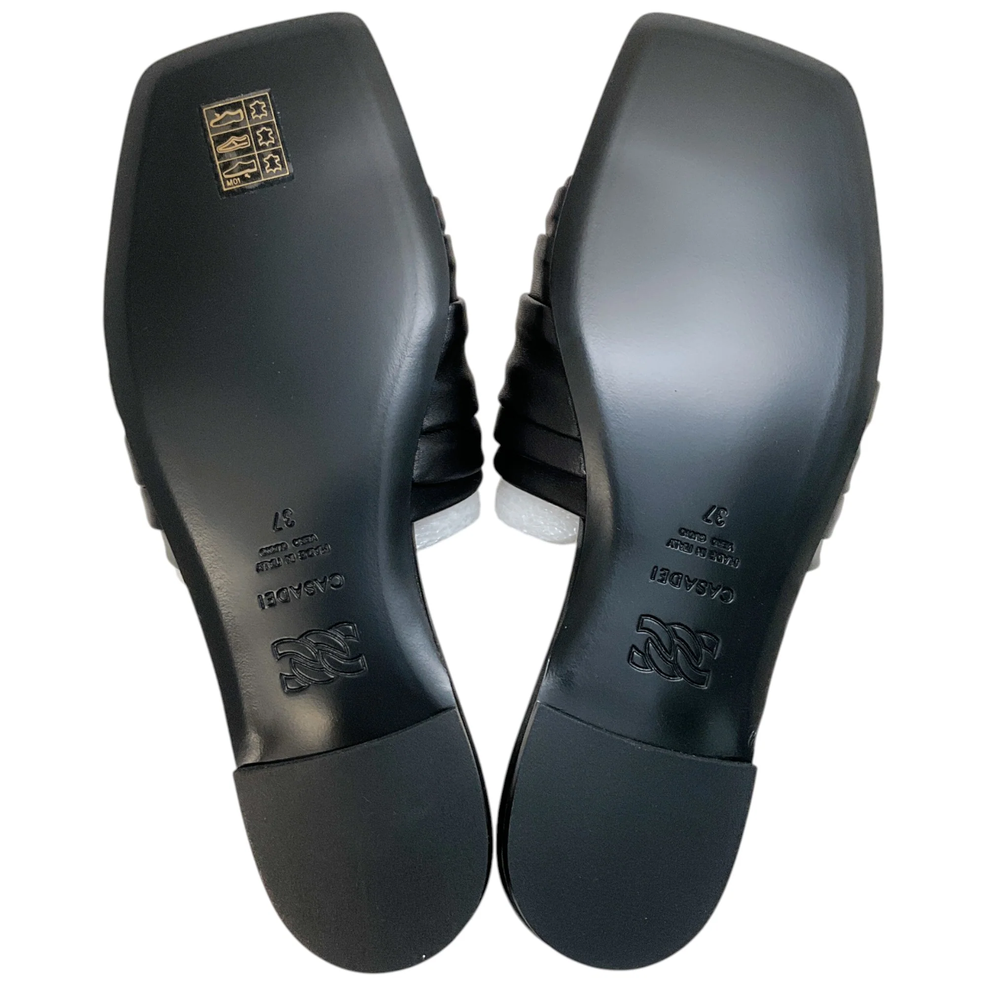 Casadei Black Leather Ruched Flat Slides with Crystals - Image 9