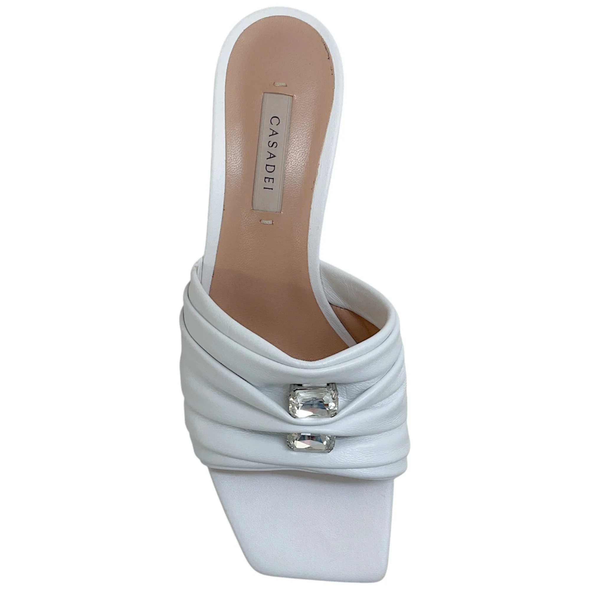 Casadei White Leather Ruched Slides with Crystals - Image 4