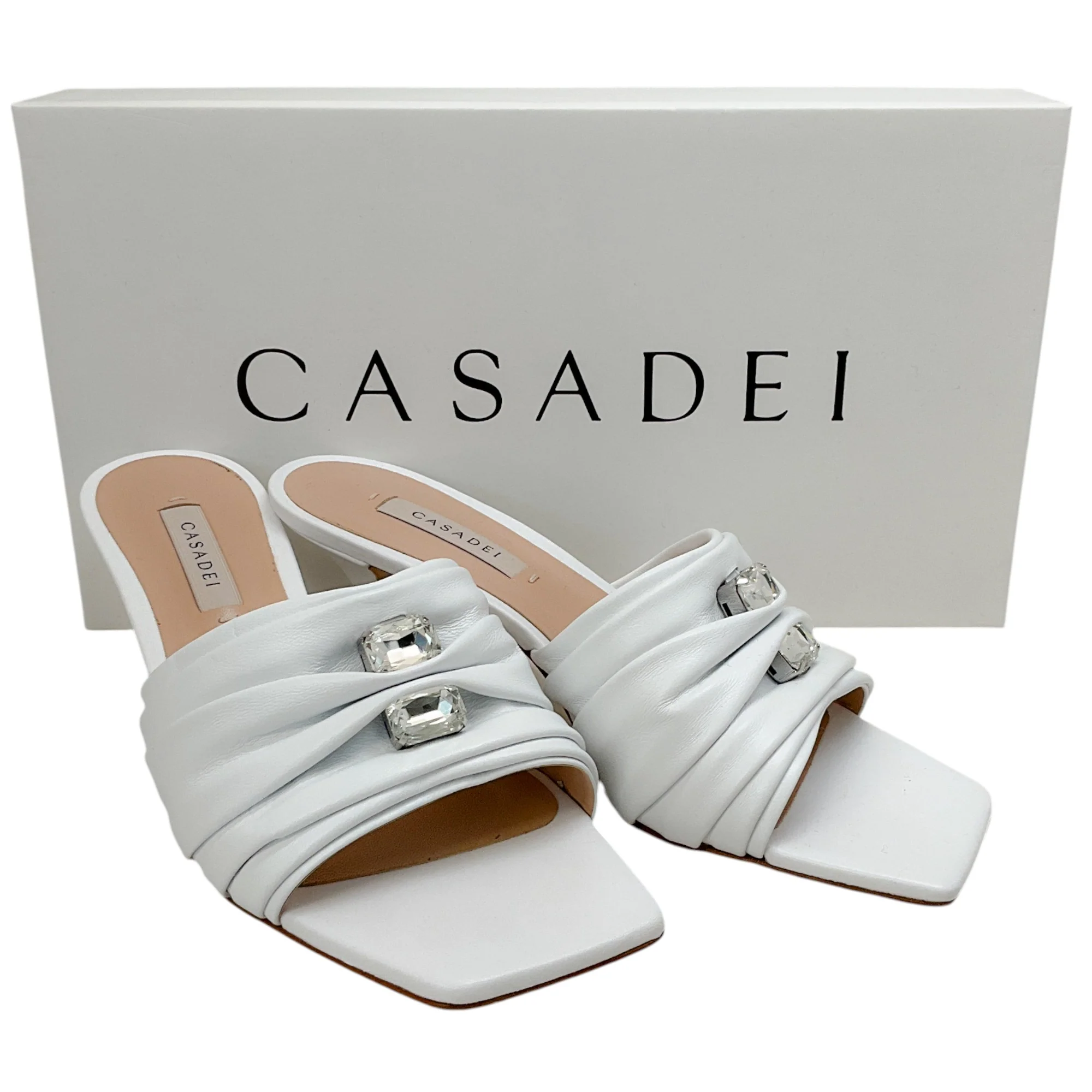 Casadei White Leather Ruched Slides with Crystals - Image 6