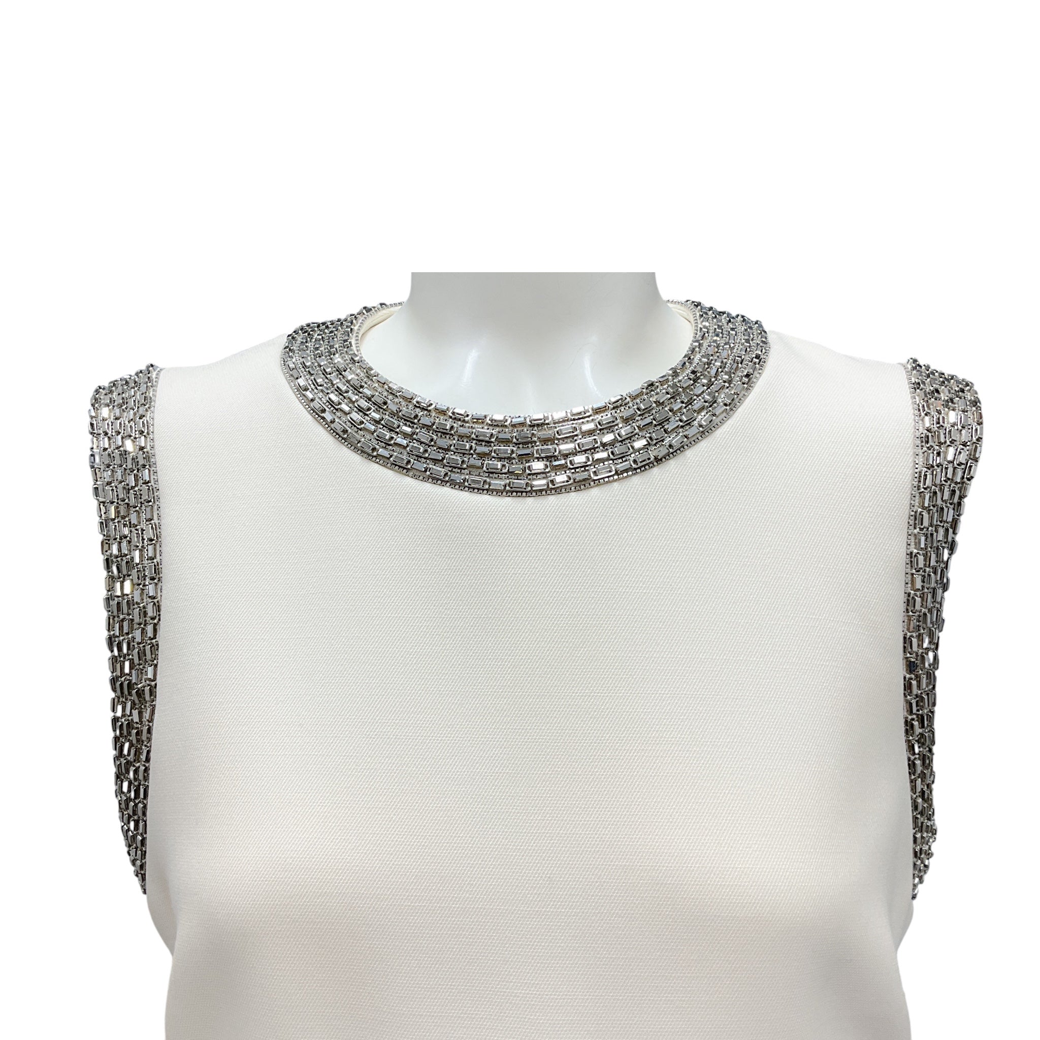Celine Ivory / Silver Bead Embellished Sleeveless Wool Shift Dress - Image 4