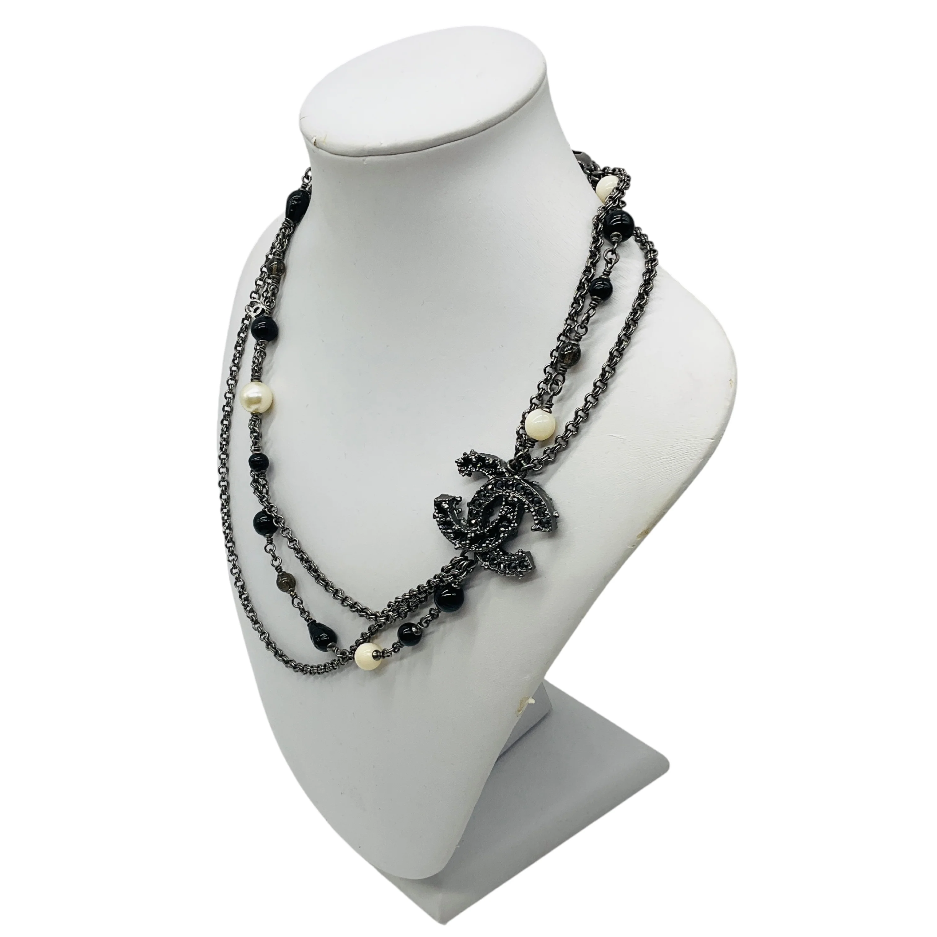 Chanel 2012 Strass CC Logo Pendant Black Beads and Pearls Multi Strand Chain Necklace - Image 2